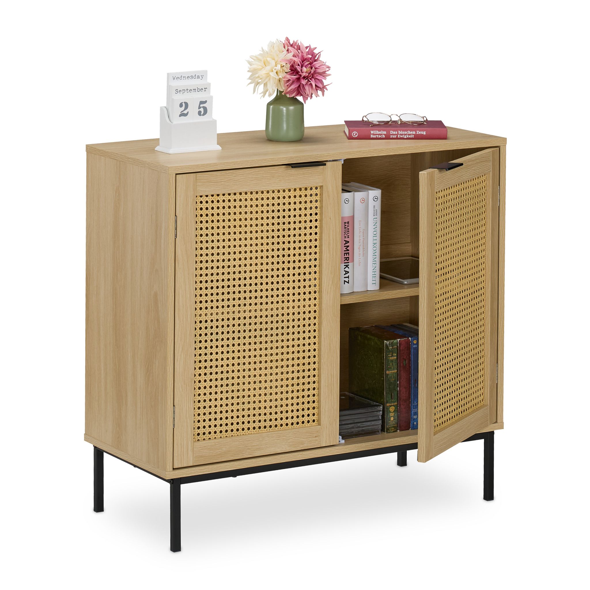 Sideboard mit 2 Rattan-Türen Hellbraun-Schwarz