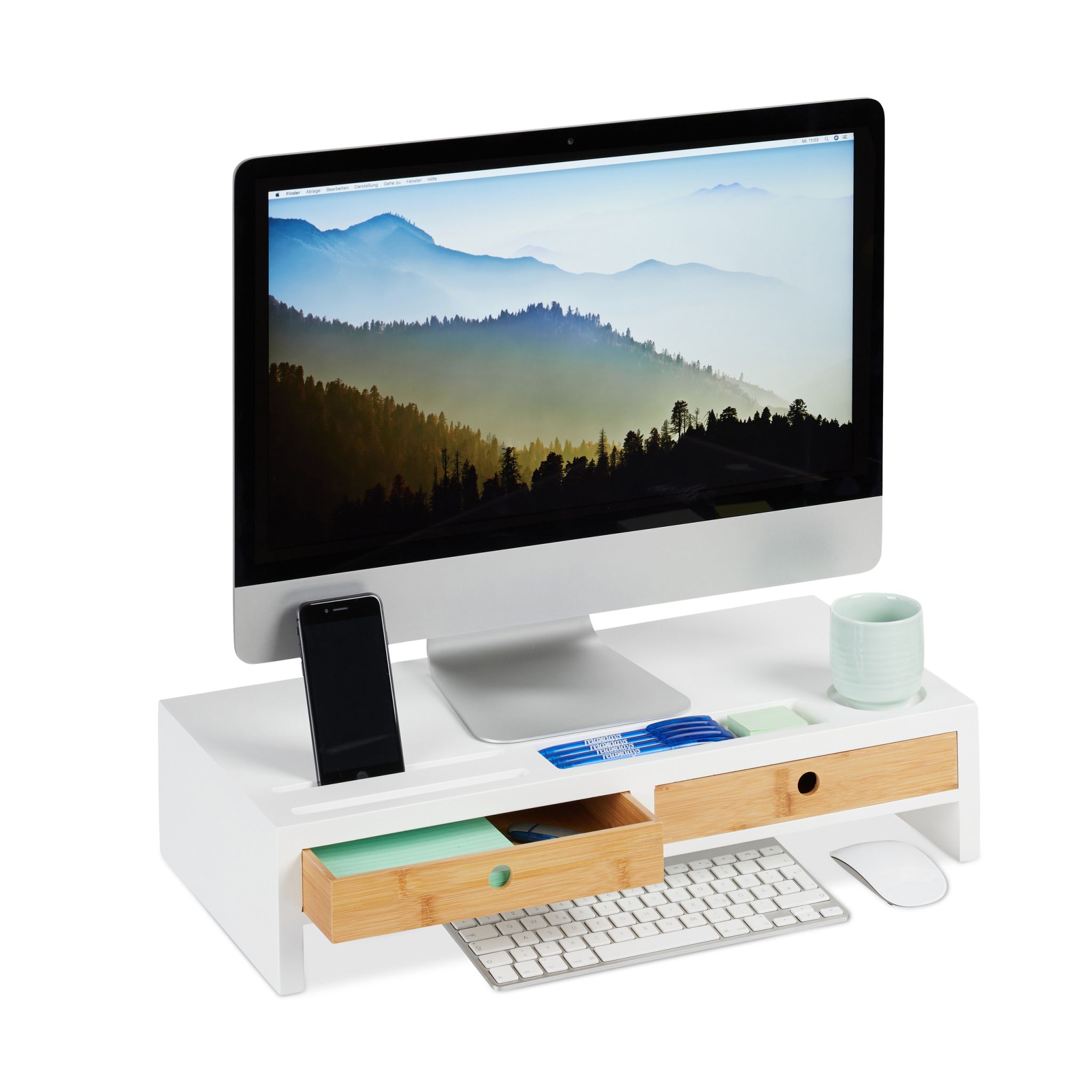 Monitorständer Weiss mit Schubladen Weiss-Hellbraun