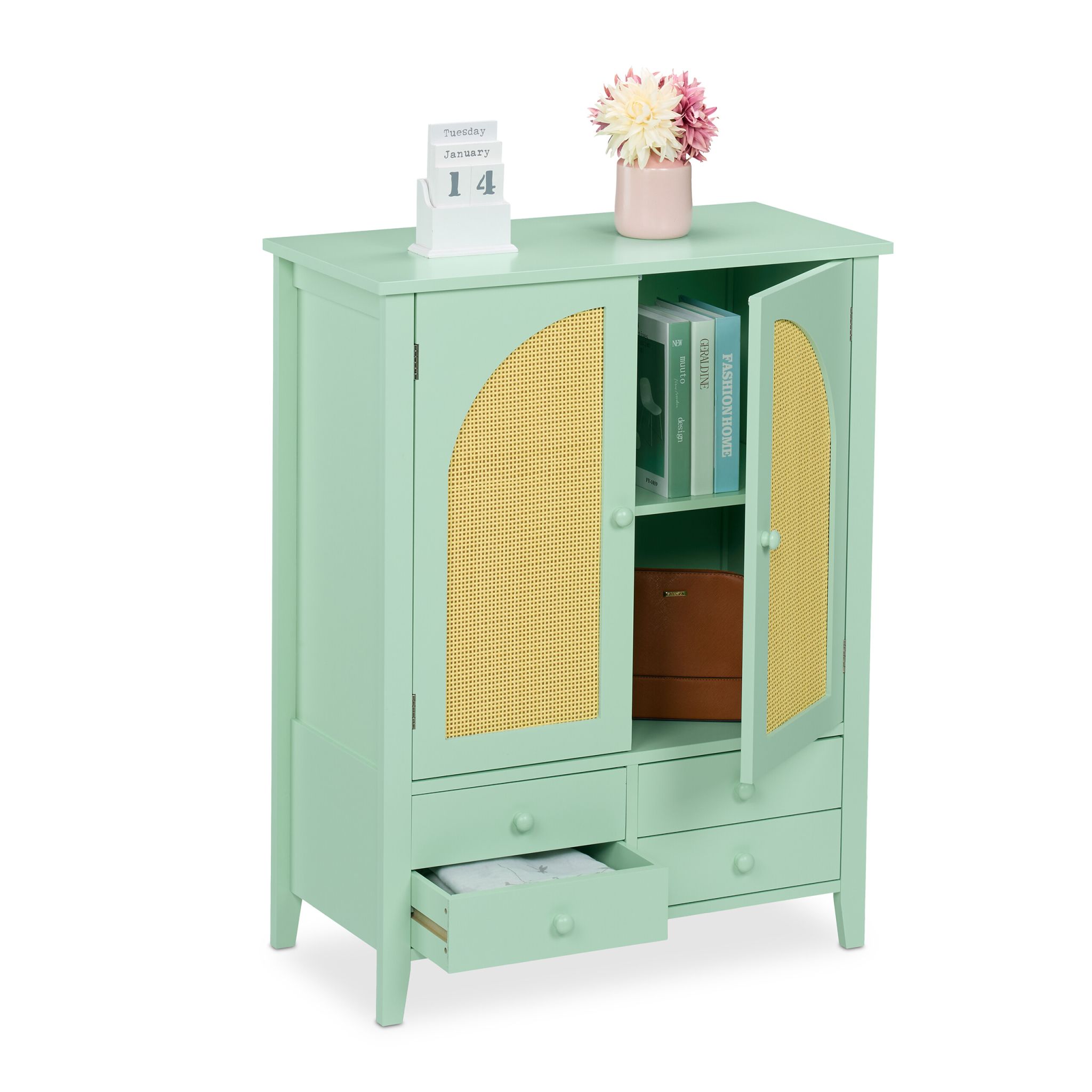 Sideboard mit Rattanoptik Hellbraun-Türkis