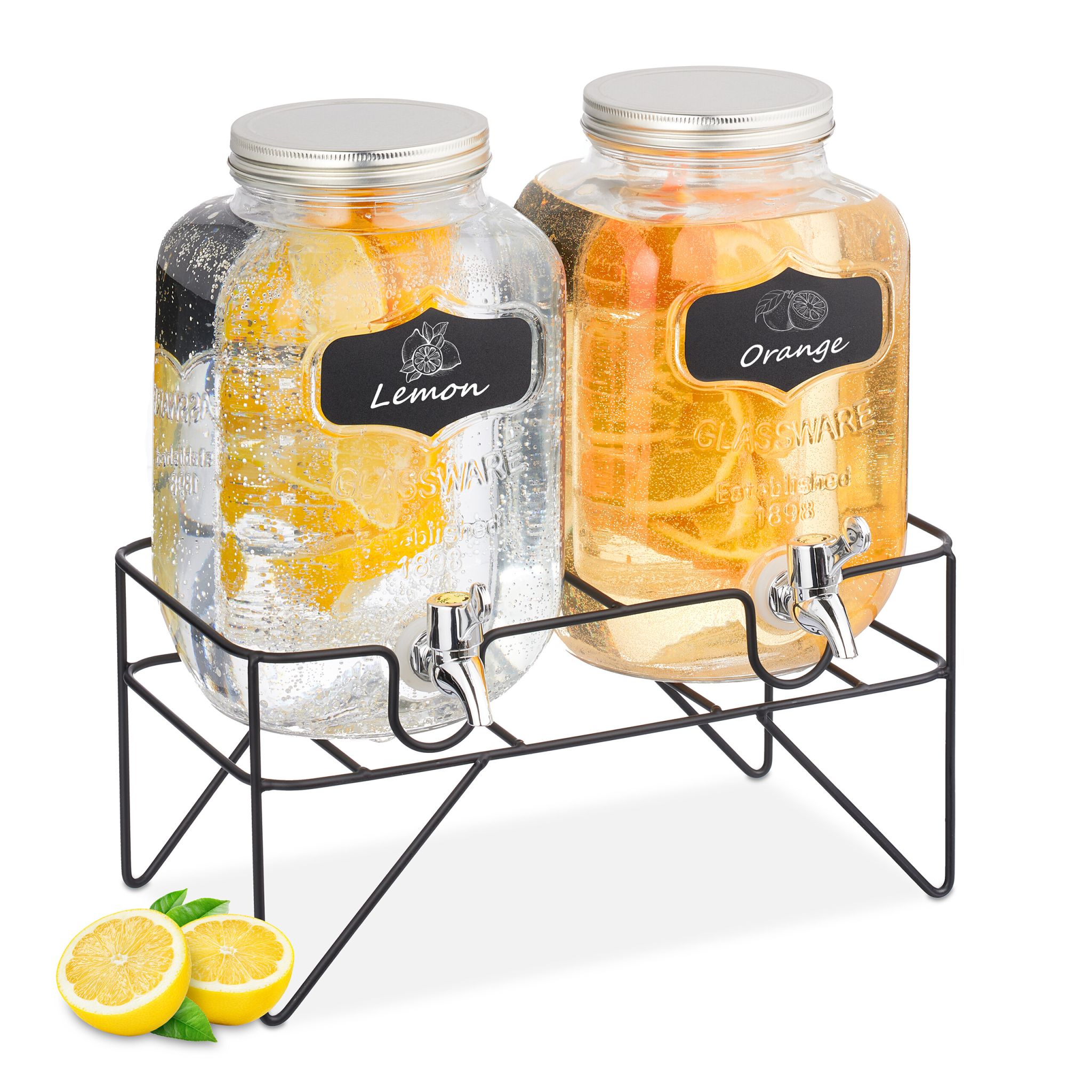 Getränkespender 4L mit Ständer 2er-Set Schwarz-Silber-Transparent