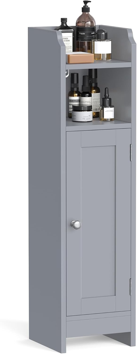 Badezimmerschrank schmal grau Holz