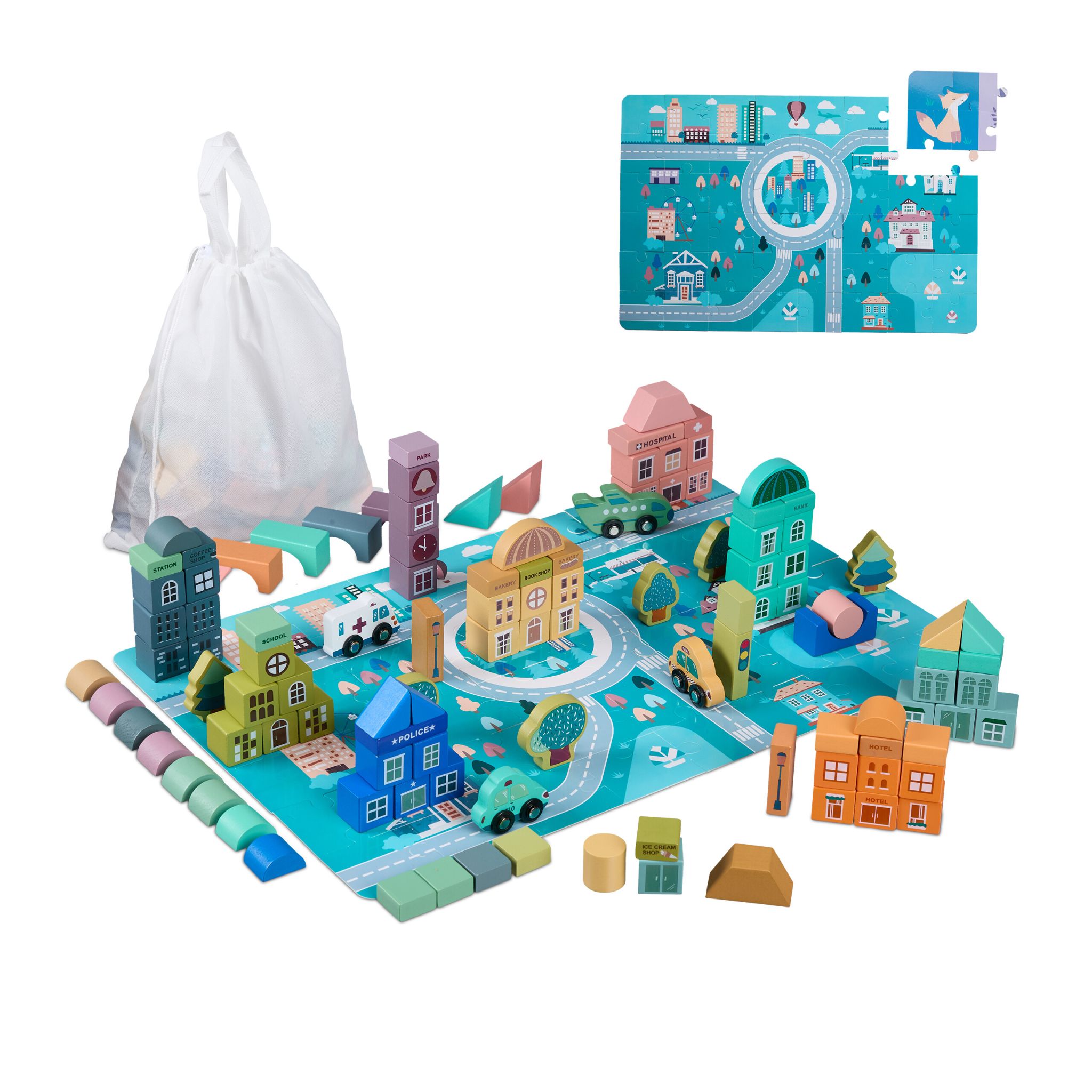 Holzbausteine Stadt Set Blau-Rosa-Türkis