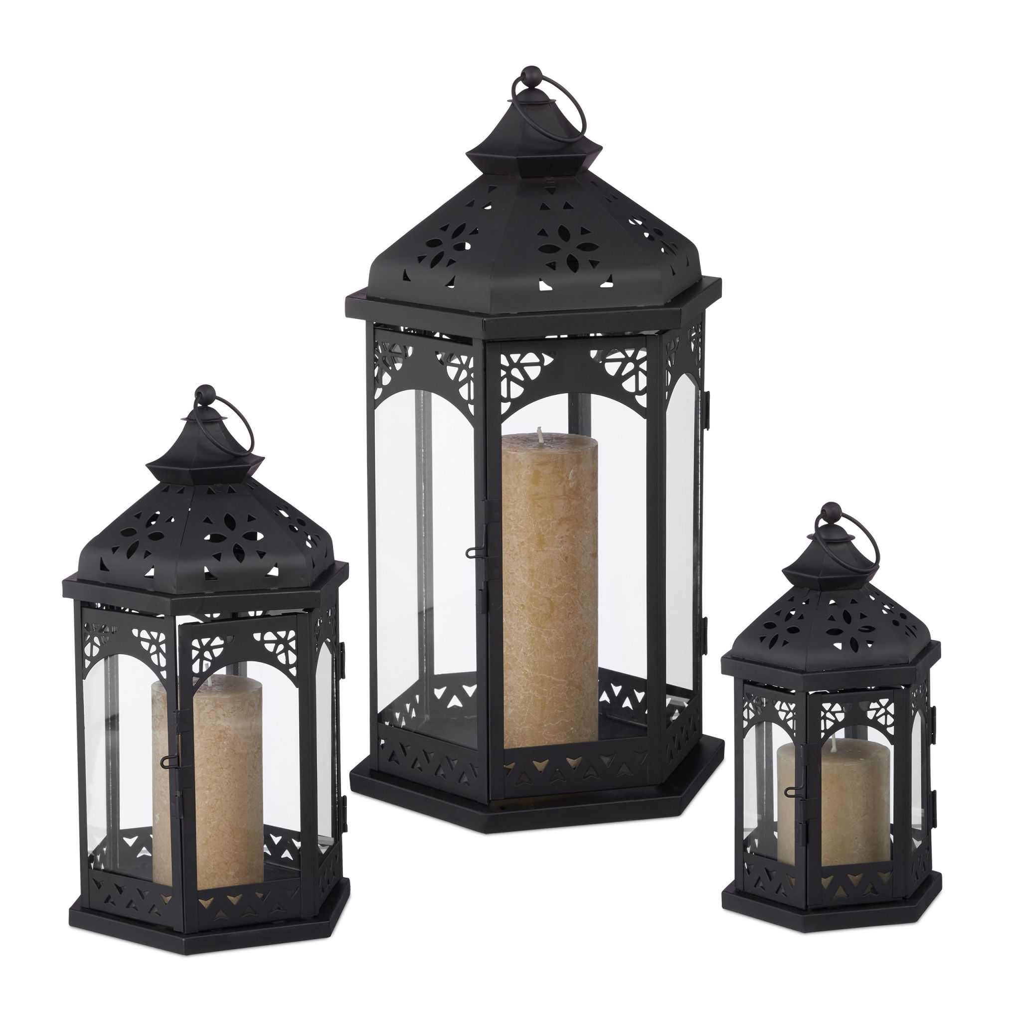 Laternen Metall 3er-Set Schwarz-Transparent