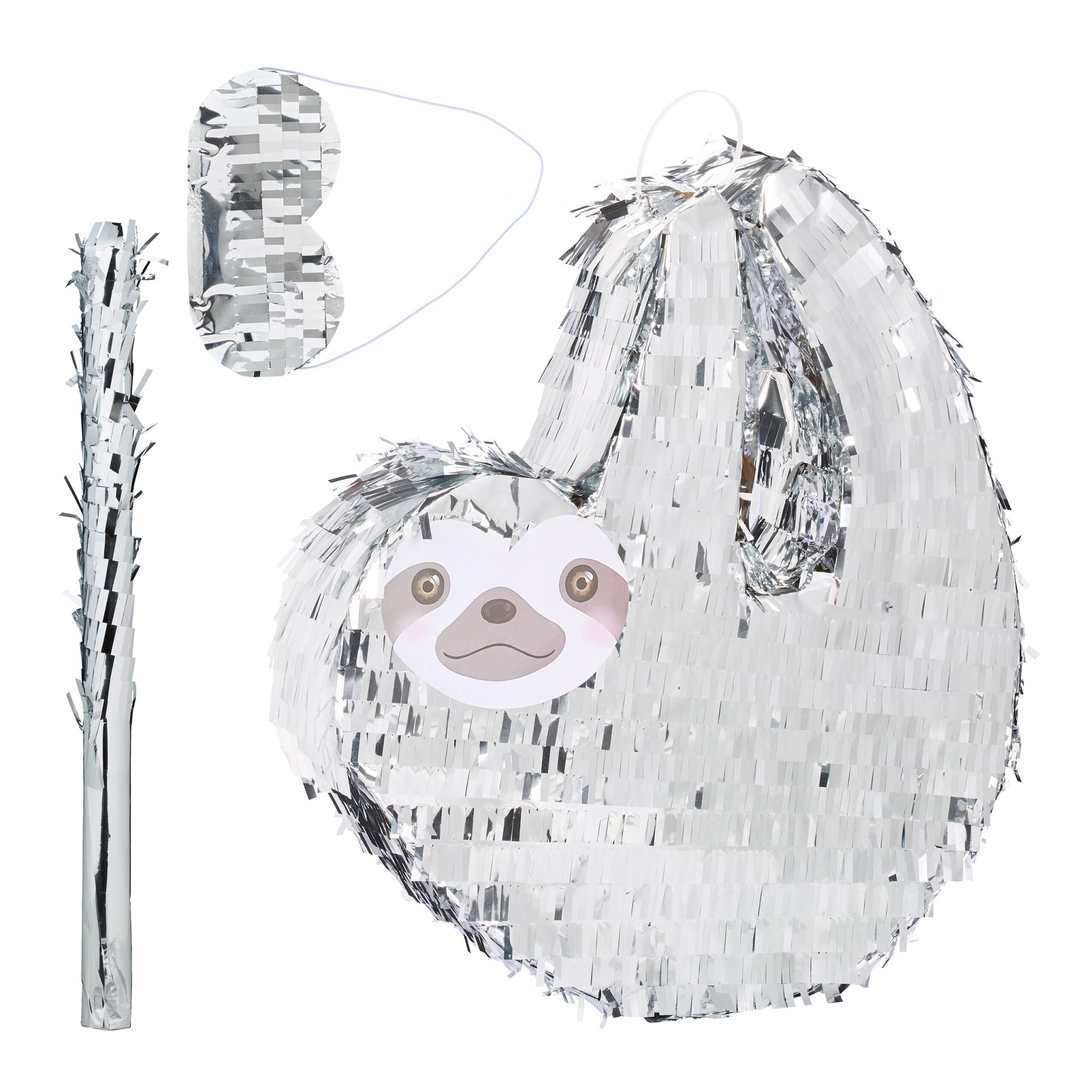 Pinata Faultier mit Stab und Maske Silber-Grau