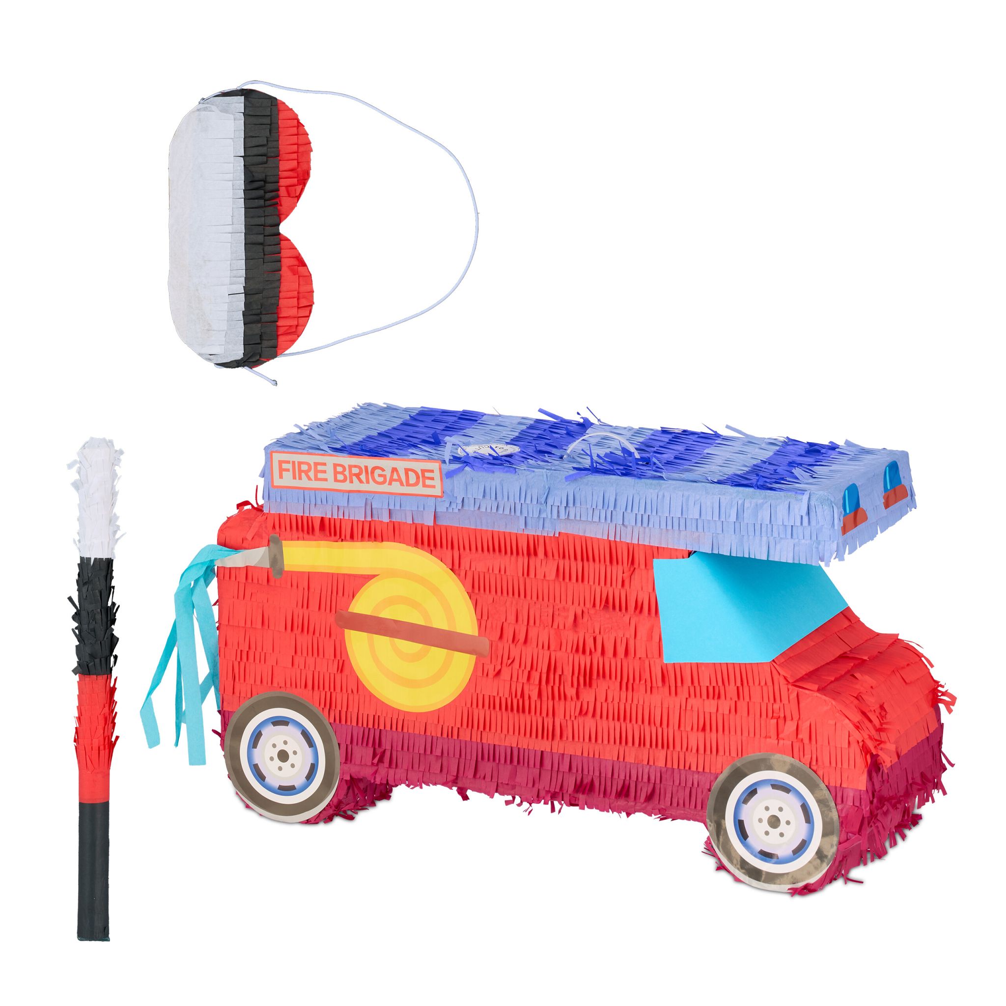 Pinata Feuerwehrauto mit Stab und Maske Blau-Rot-Schwarz
