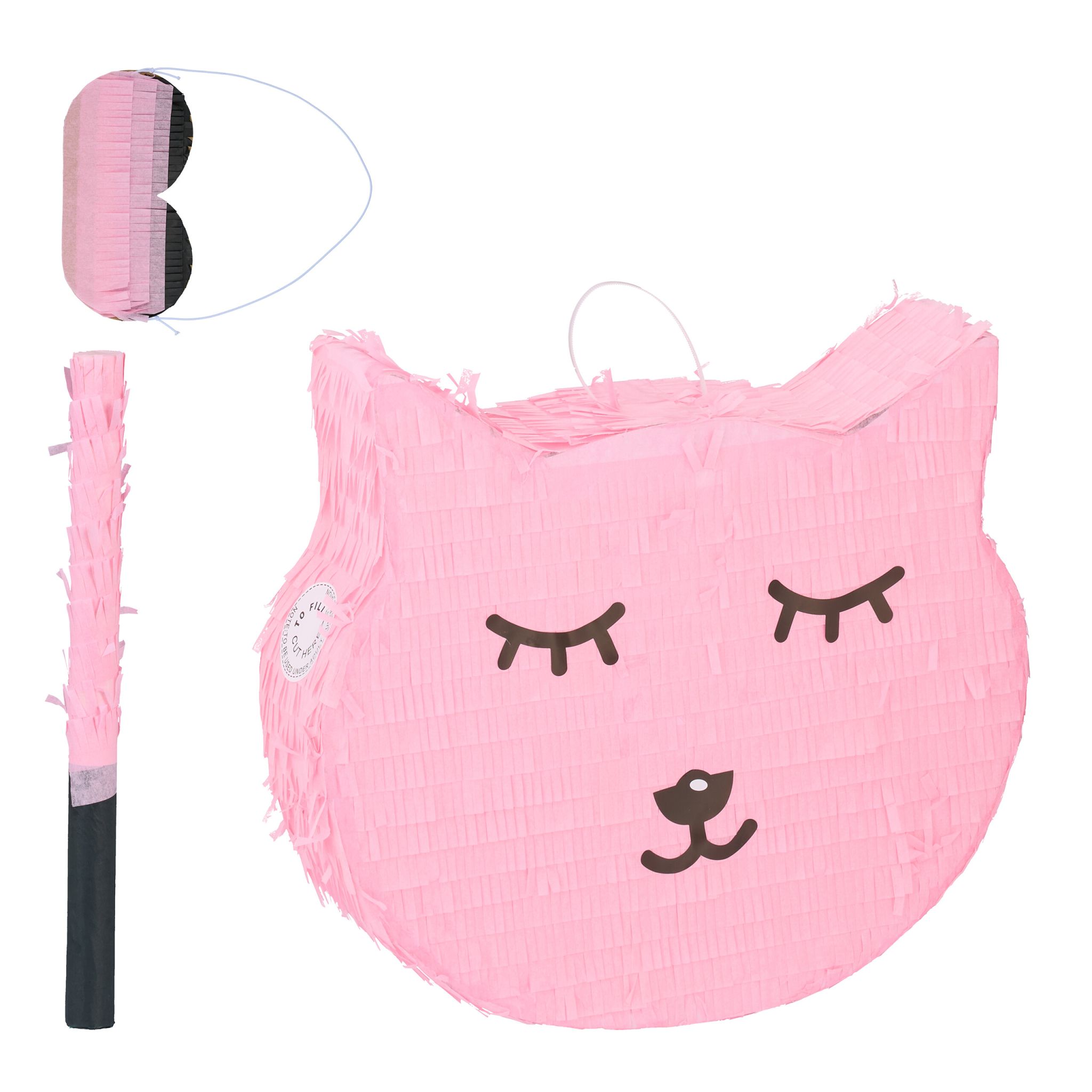 Pinata Katze mit Stab und Maske Rosa-Schwarz