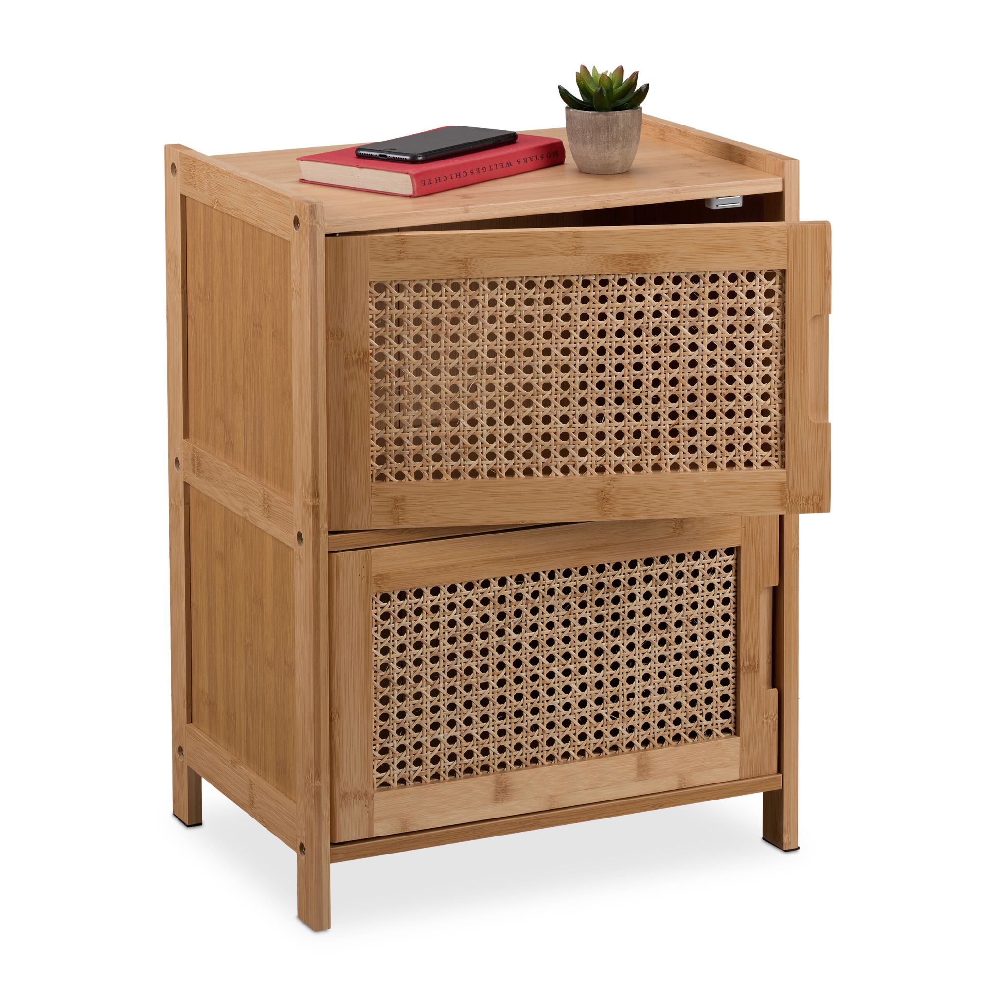Beistellschrank mit 2 Rattan-Türen Hellbraun