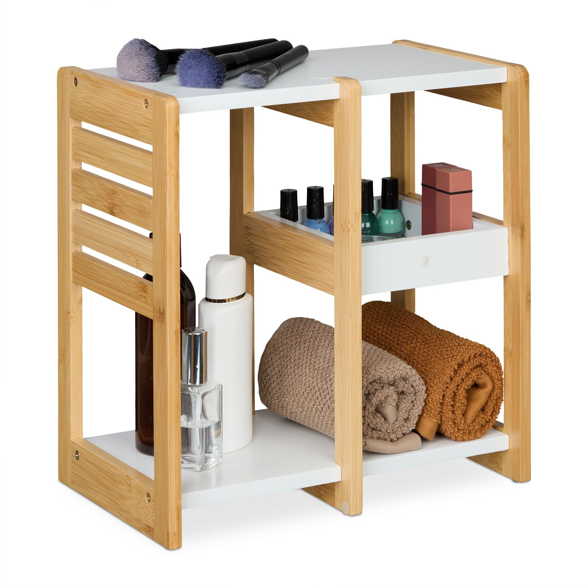 Badregal Bambus 3 Ablagen Weiss-Hellbraun