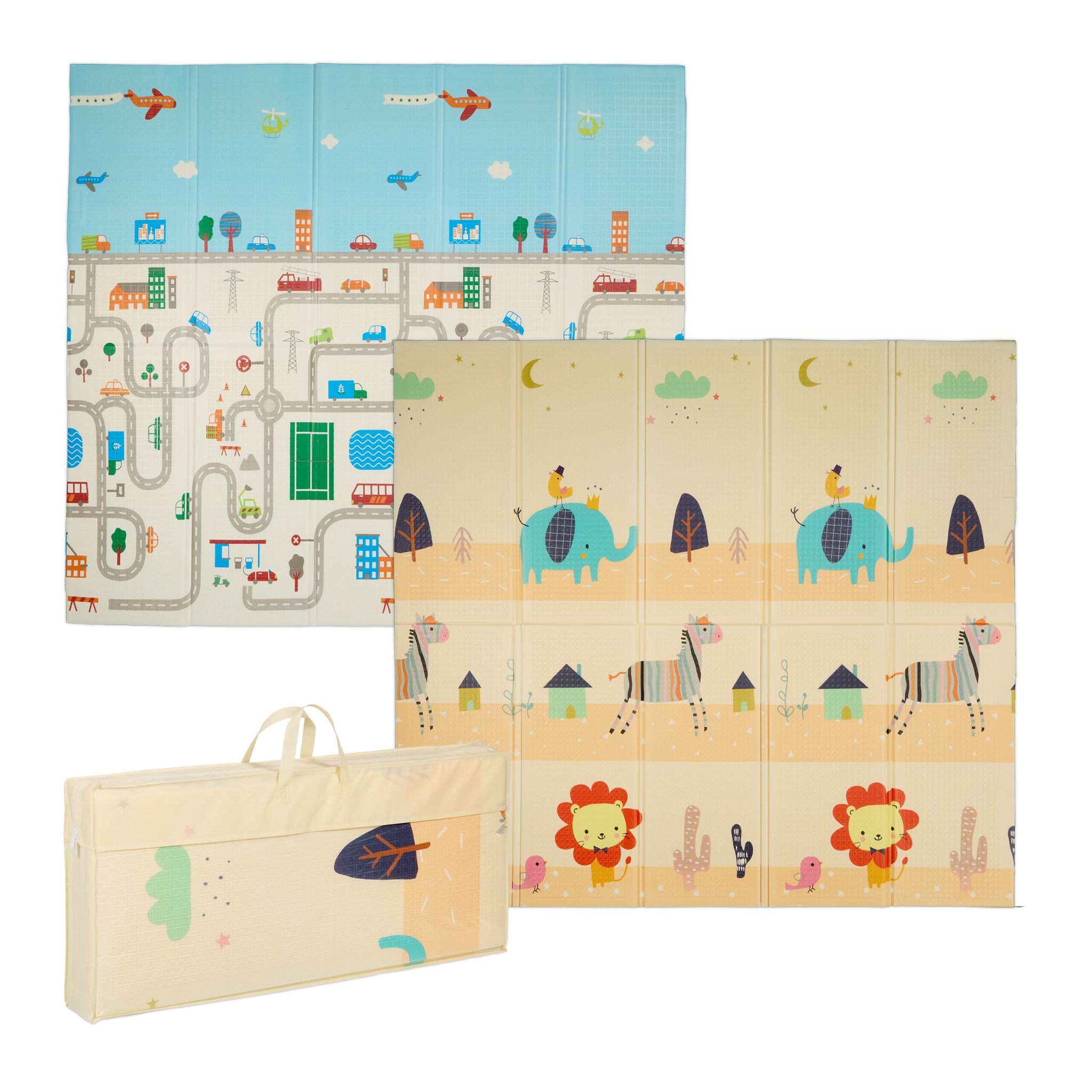 Faltbare Spielmatte Tiere und Strasse Weiss-Blau-Orange