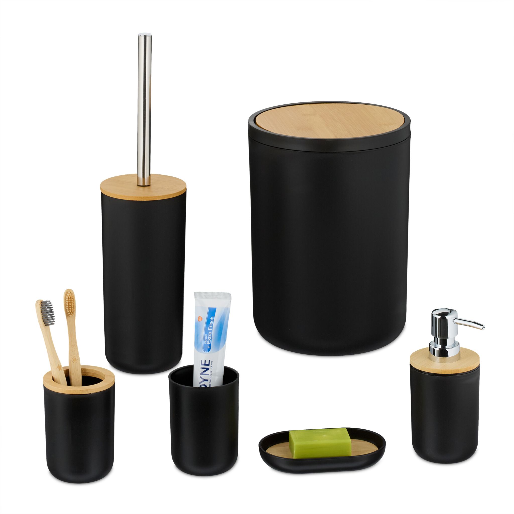 Badezimmer-Set 6-tlg. Hellbraun-Schwarz-Silber