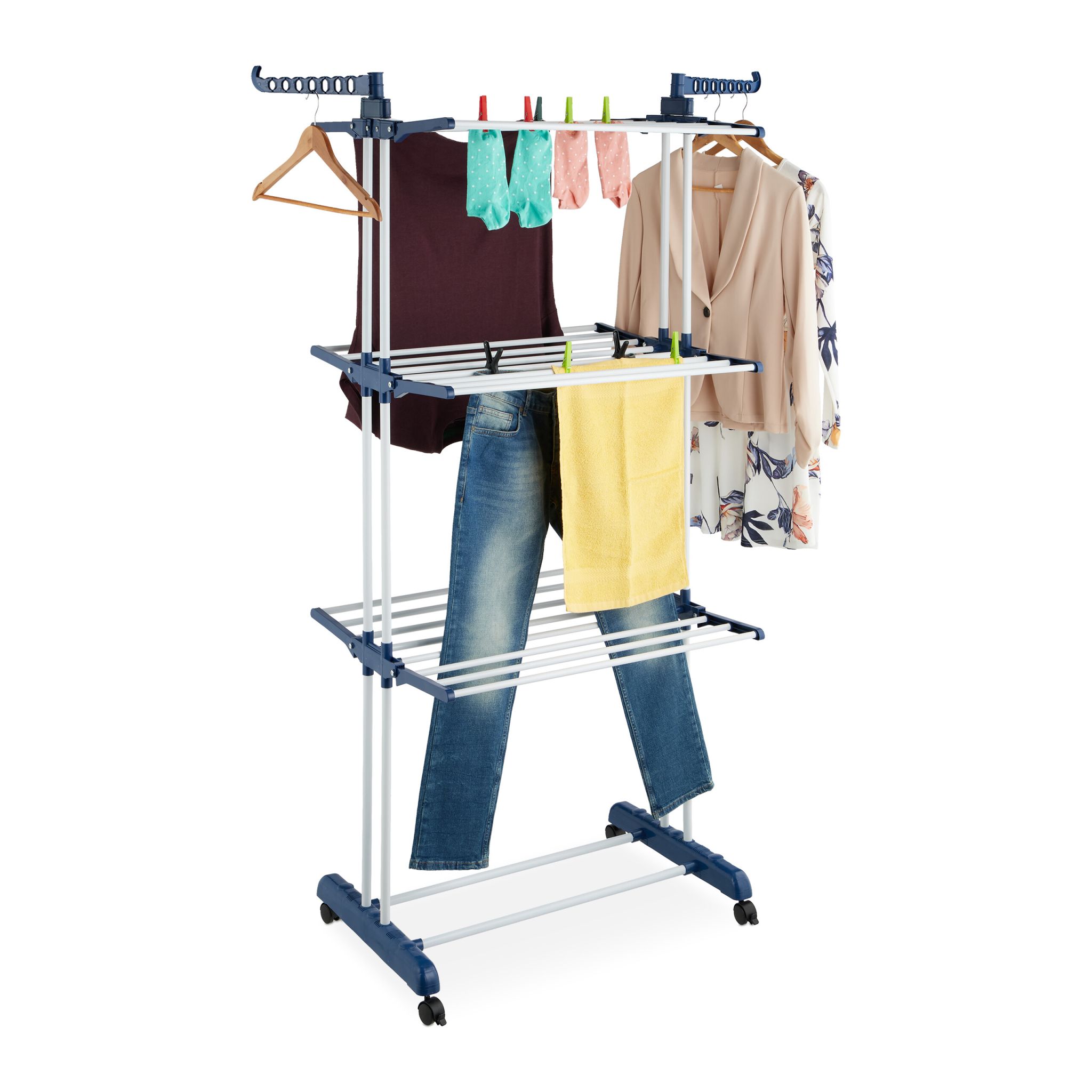 Turm-Wäscheständer rollbar Weiss-Blau