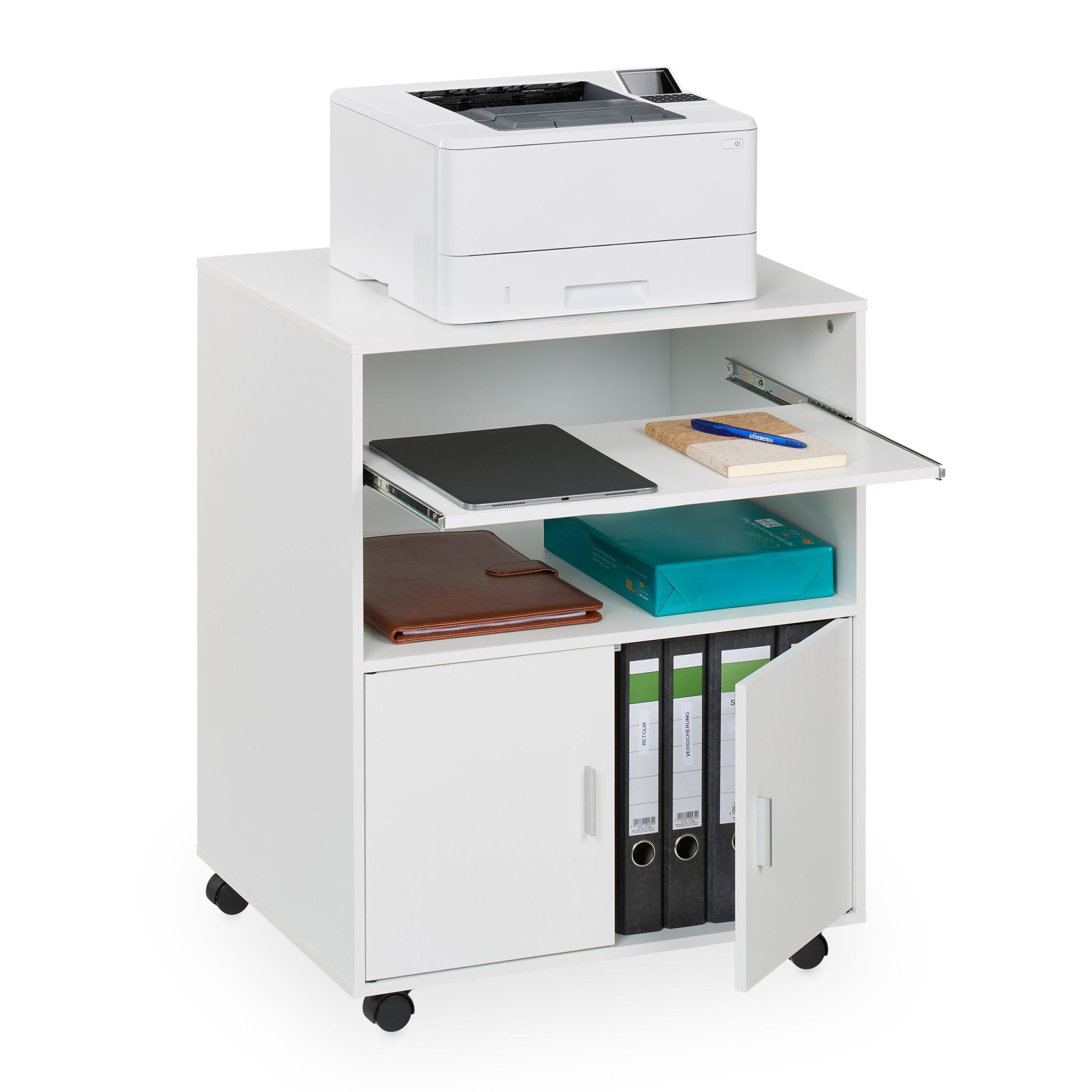 Rollcontainer mit Tastaturauszug Weiss-Silber
