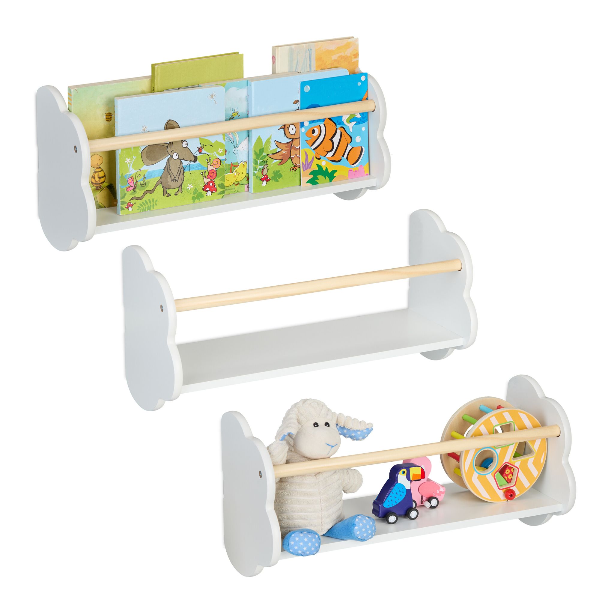 Bücherregal Kinder Wolke 3er-Set Weiss-Hellbraun