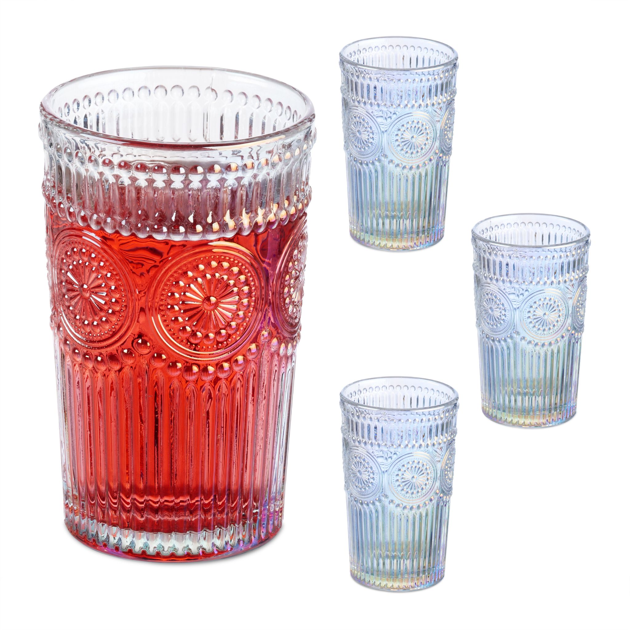 Trinkgläser Vintage 4er-Set Hellblau-Rosa-Transparent