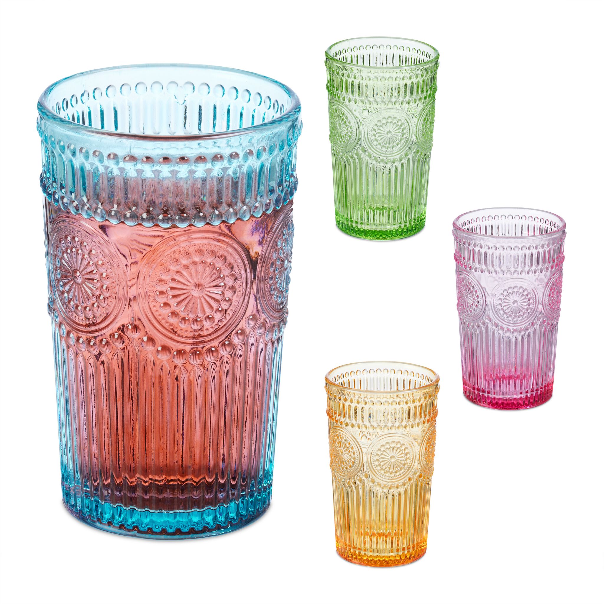 Trinkgläser Vintage 4er-Set Grün-Orange-Pink