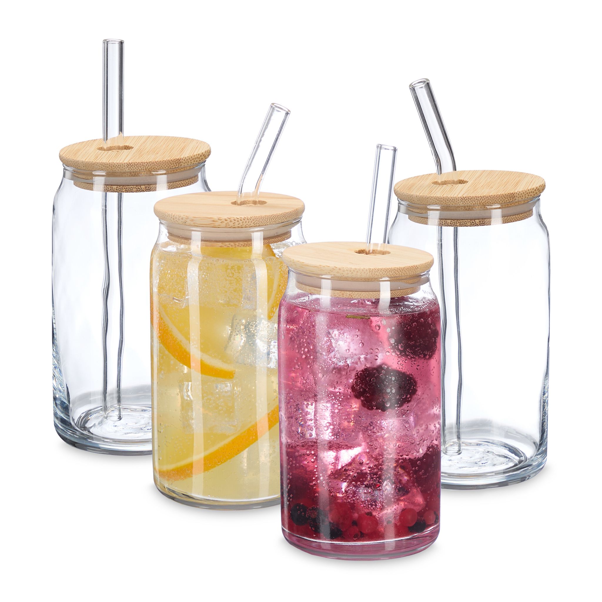 Trinkgläser mit Bambusdeckel 4er-Set Hellbraun-Transparent