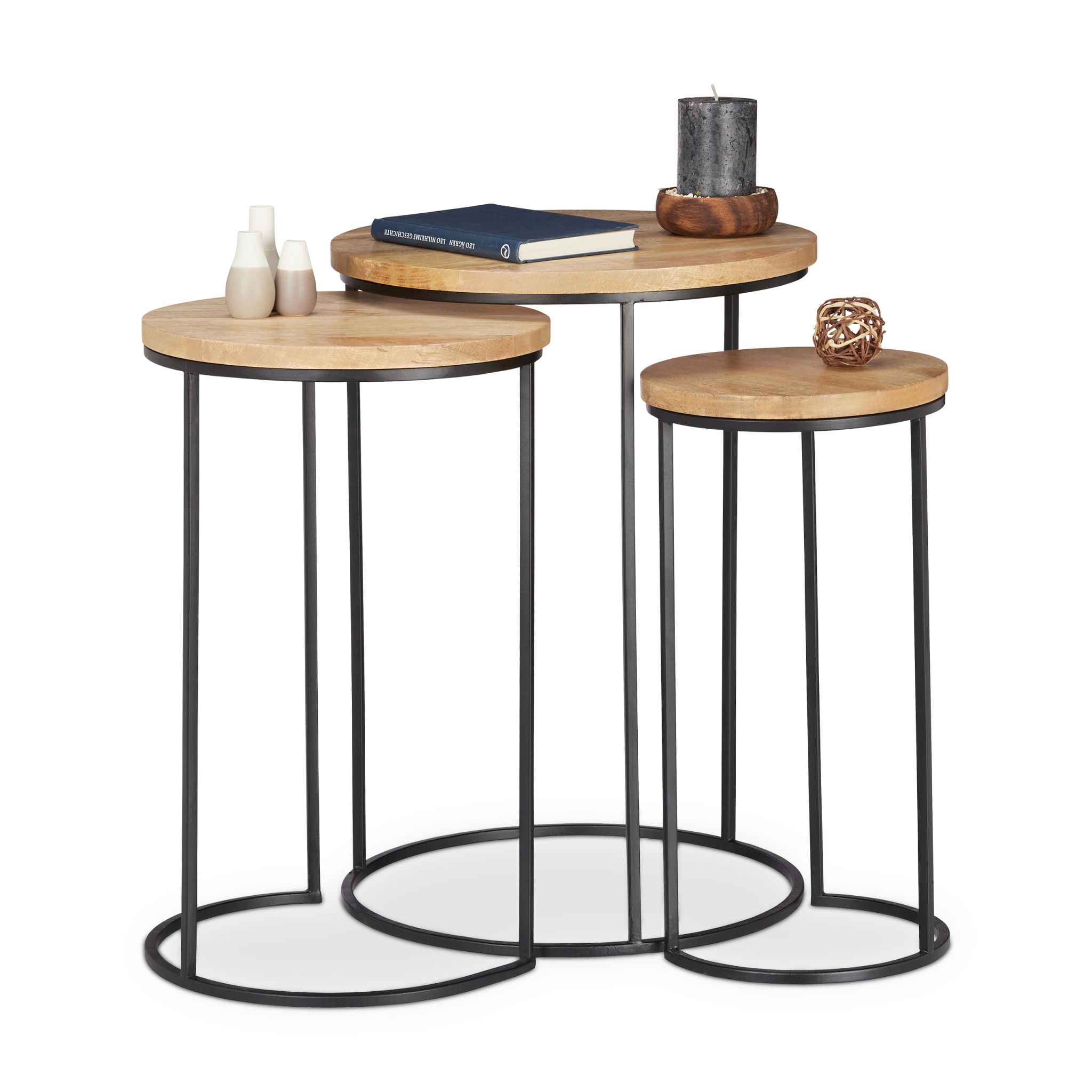 Beistelltisch 3er-Set Mangoholz Hellbraun-Schwarz