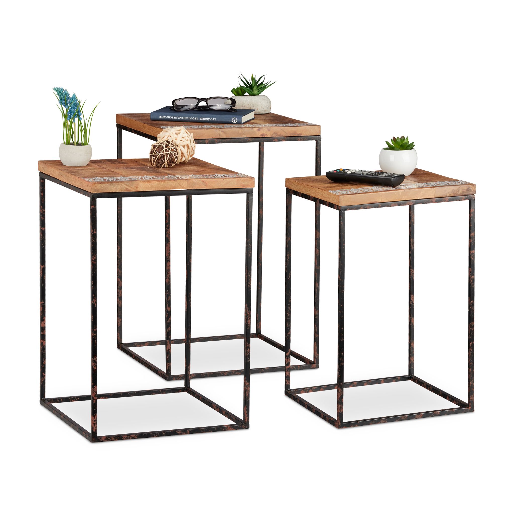 Beistelltisch 3er-Set Mangoholz Braun-Hellbraun-Schwarz