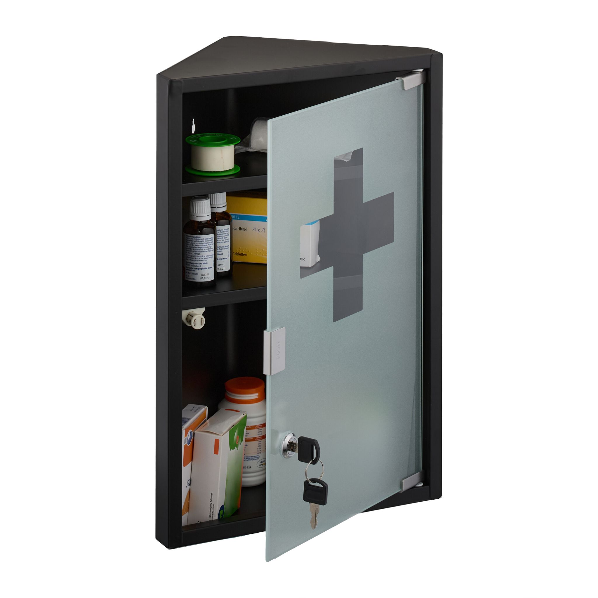 Medizinschrank mit Glastür Weiss-Schwarz-Silber