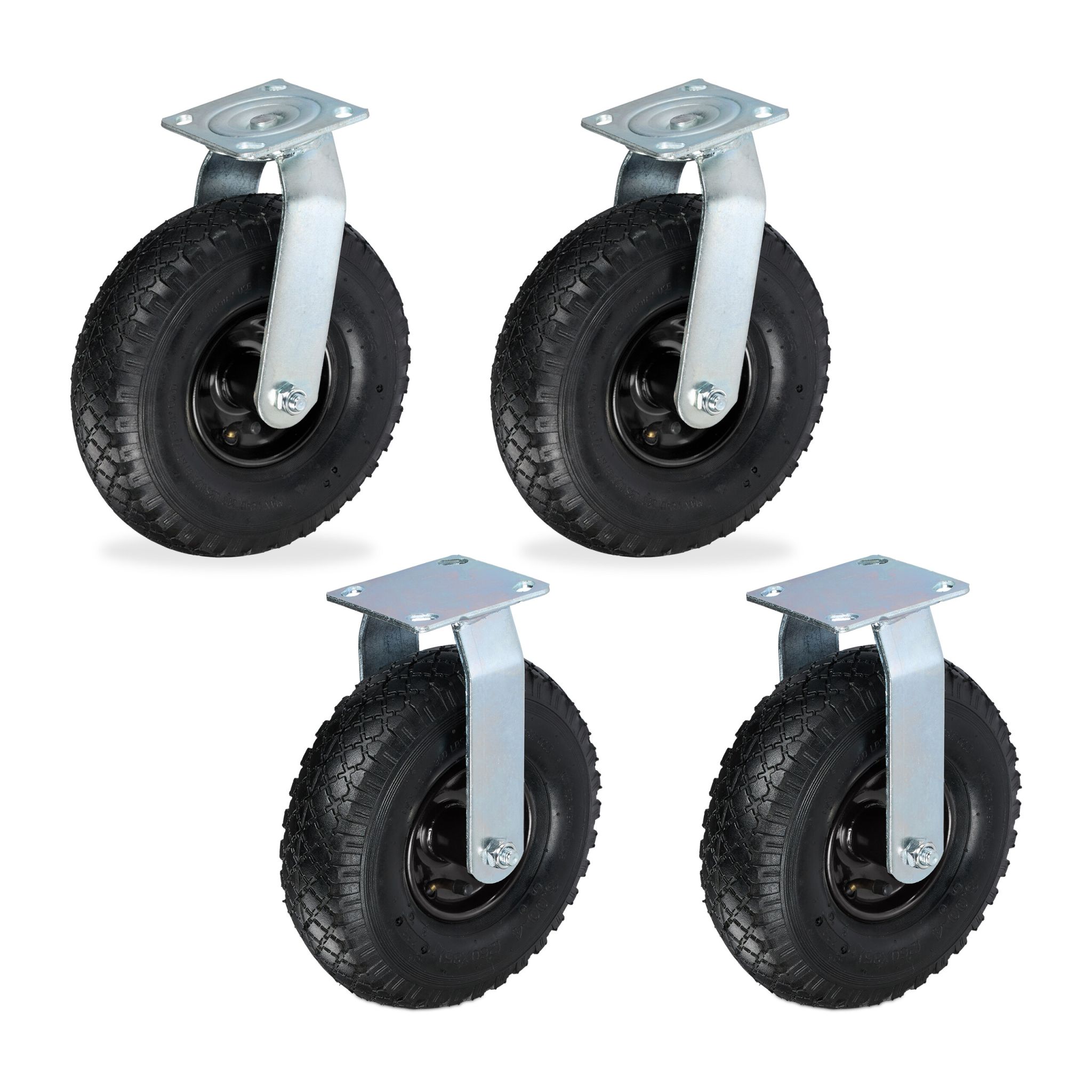 Bockrolle und Lenkrolle Set 3.00-4 4er-Set mit verzinkter Halterung Schwarz-Schwarz