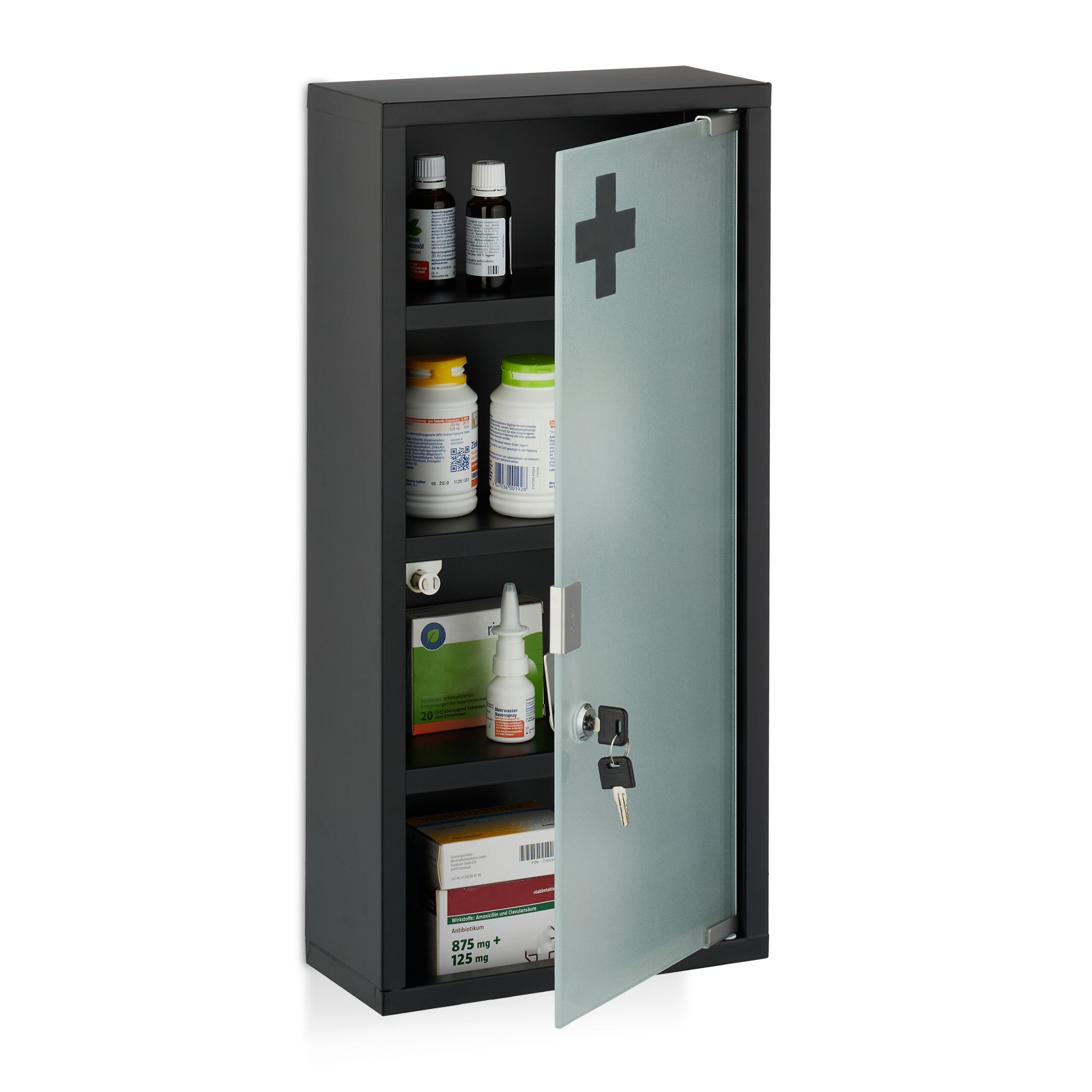 Medizinschrank mit Glastür Weiss-Schwarz-Silber