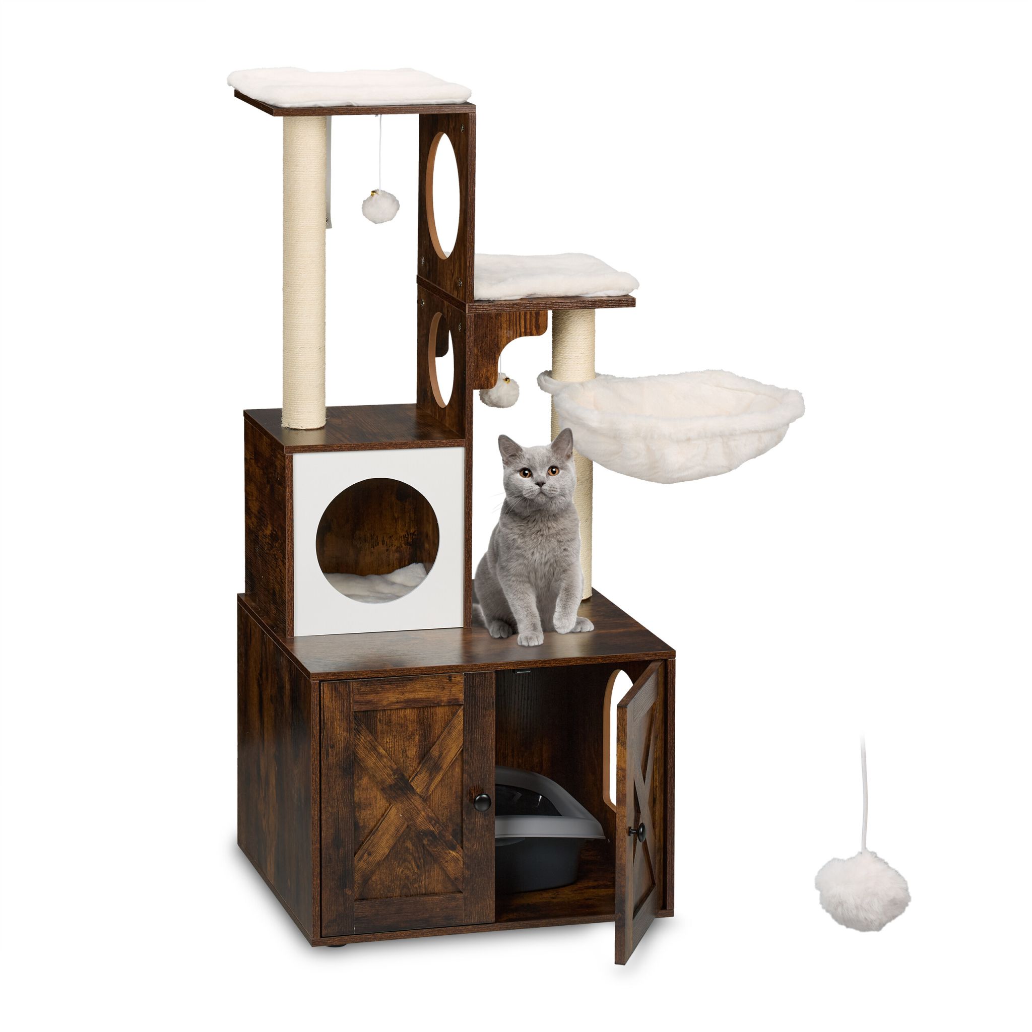 Kratzbaum mit Katzenklo-Schrank 128cm Weiss-Dunkelbraun