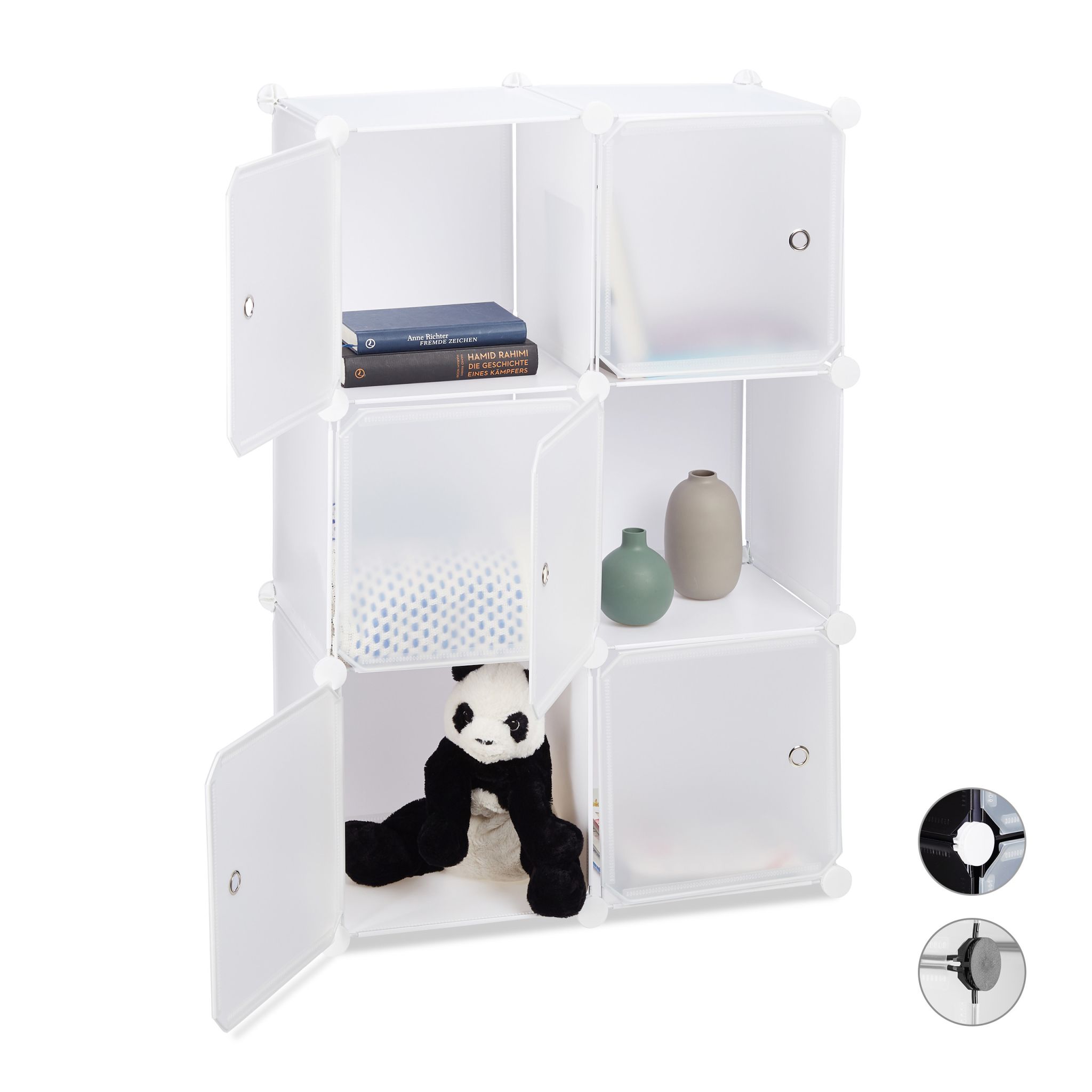 Regalsystem mit 6 Türen Weiss-Silber-Transparent