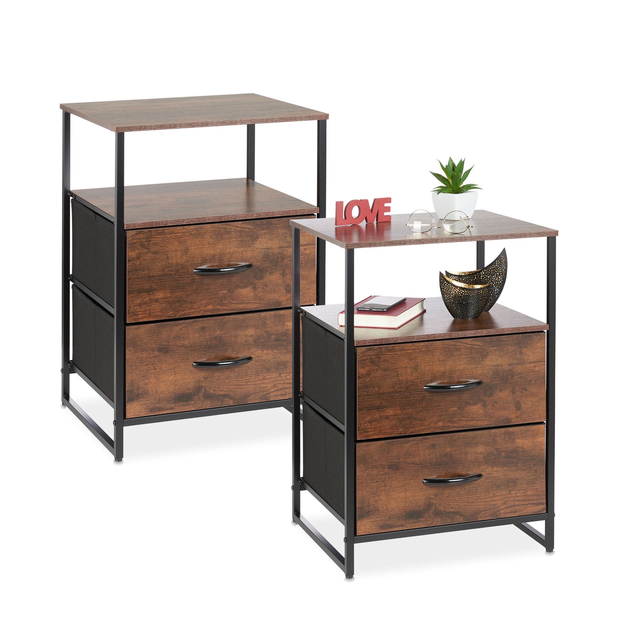Nachttisch Industrial 2er-Set Dunkelbraun-Schwarz