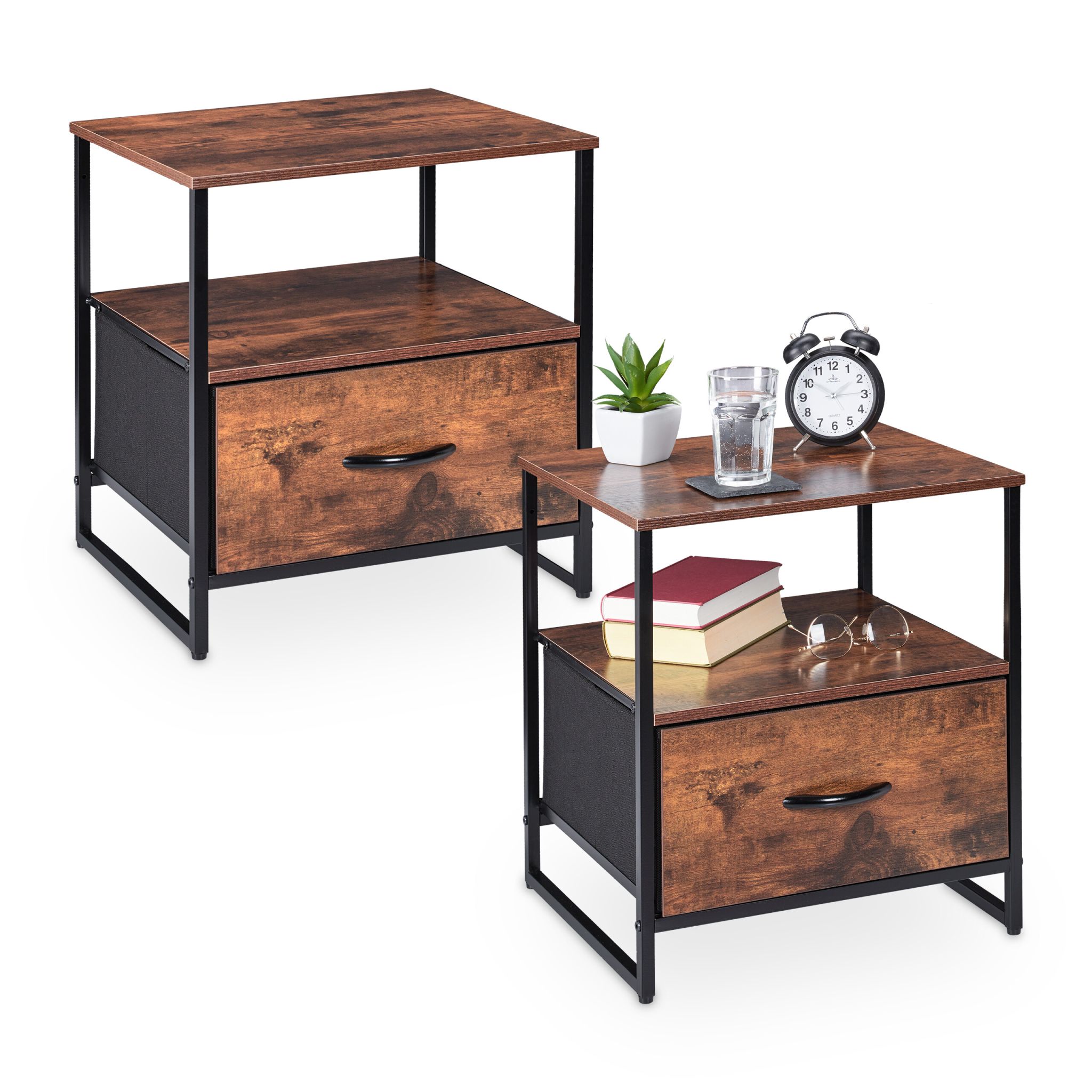 Nachttisch Industrial 2er-Set Dunkelbraun-Schwarz