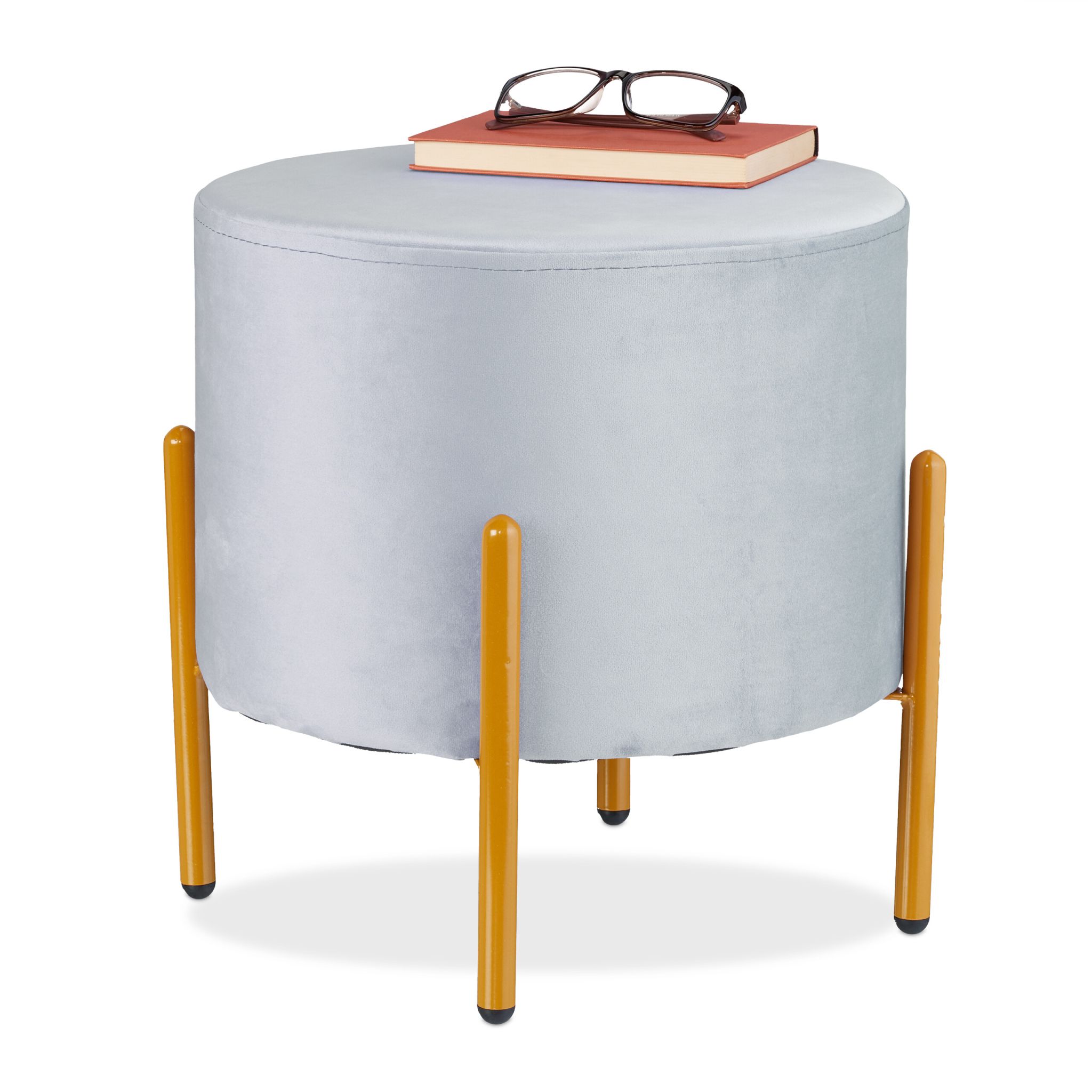 Samt Hocker mit 4 Metallbeinen Gold-Grau