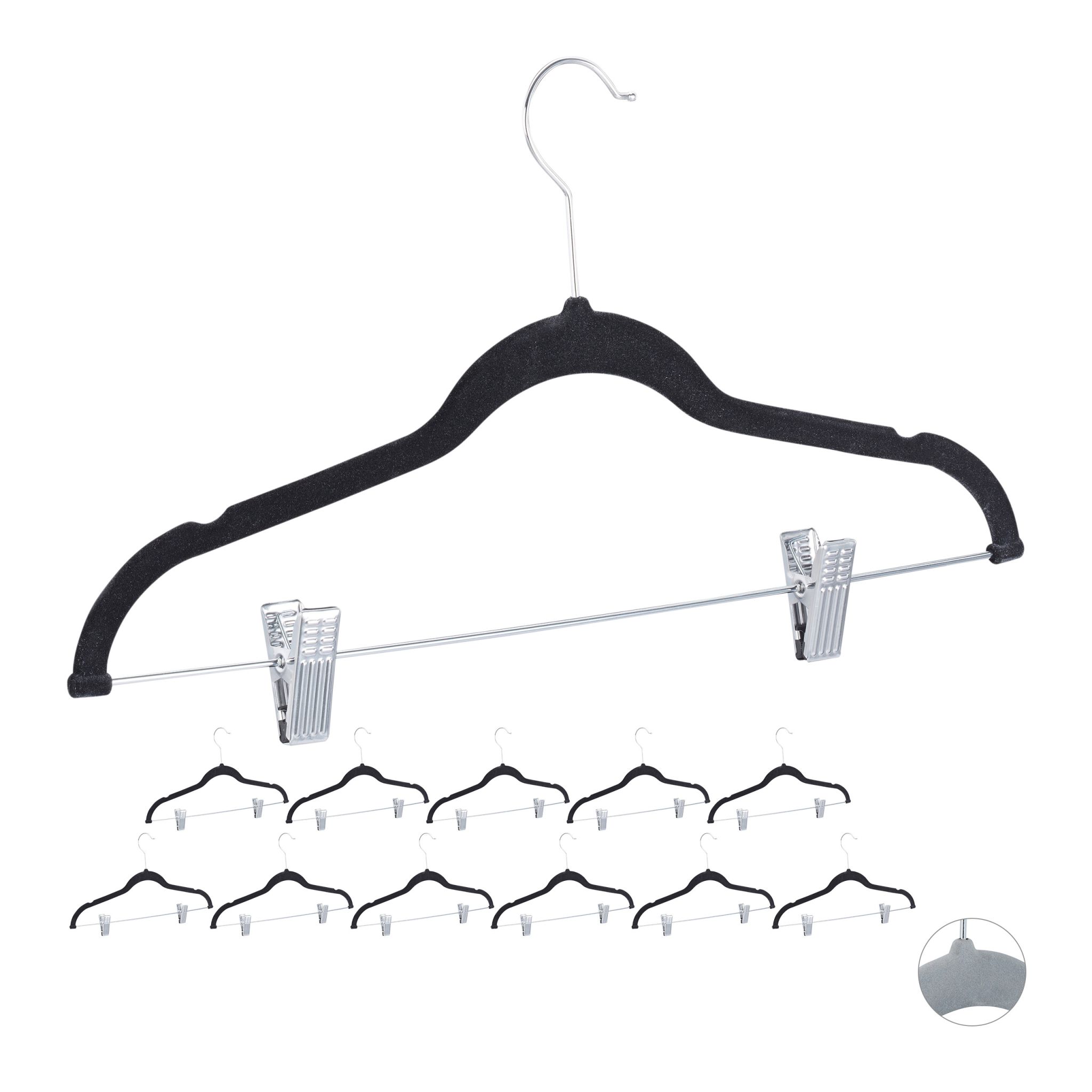 Samtbügel mit Clips 12er-Set Schwarz-Silber