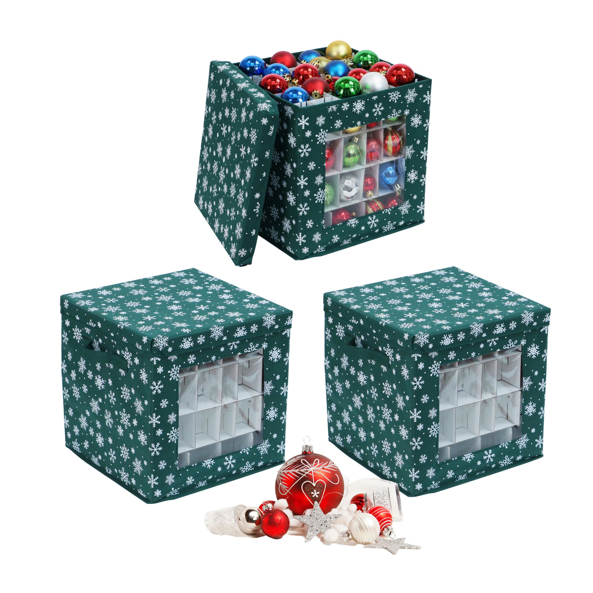 Weihnachtskugel Aufbewahrungsbox 3er-Set Weiss-Dunkelgrün