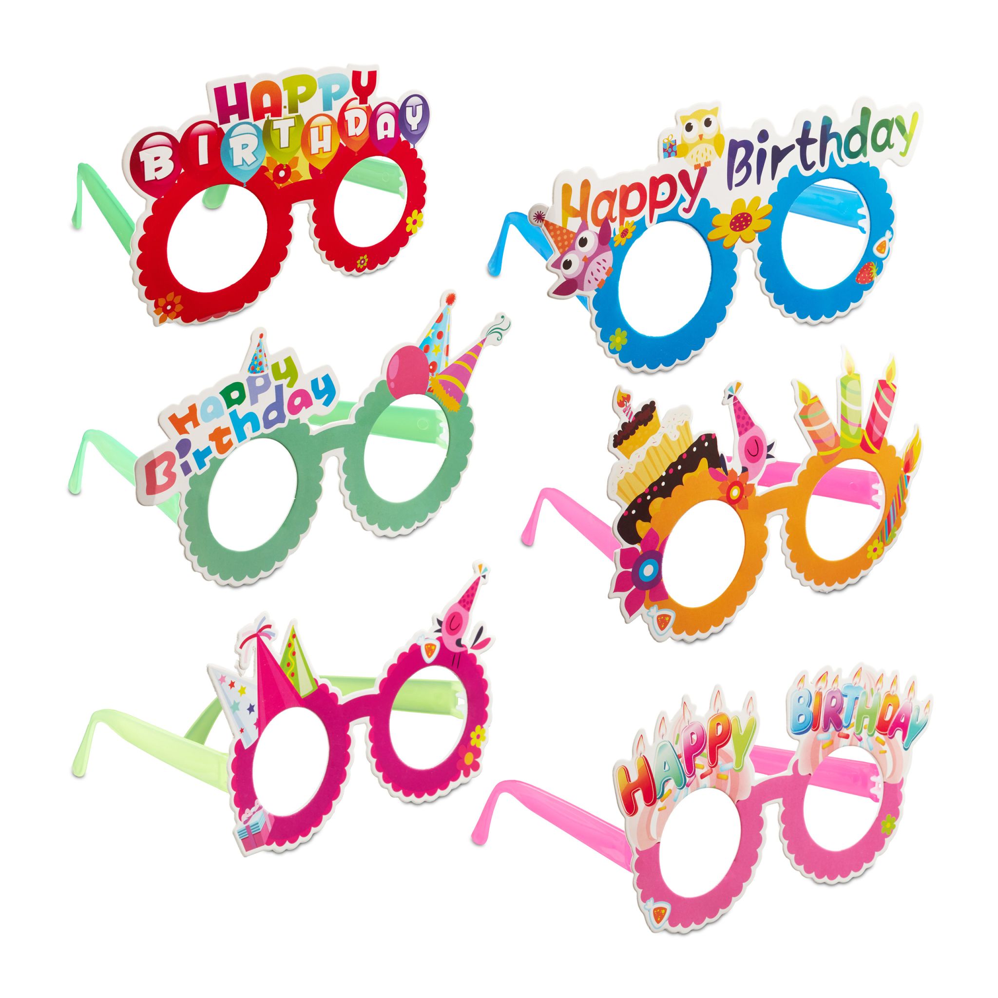 Partybrillen Happy Birthday 6er-Set Blau-Grün-Pink
