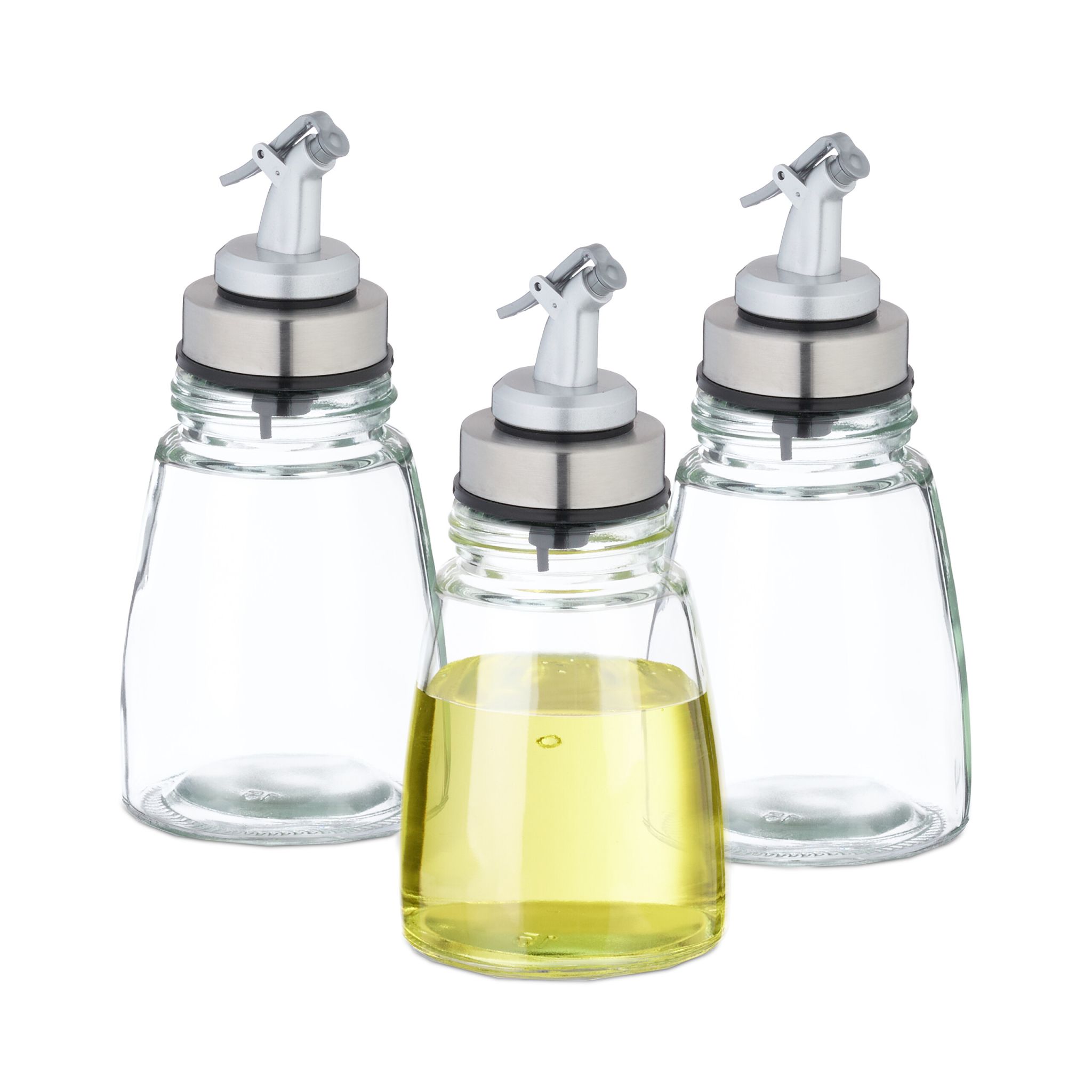 Ölflasche Glas 3er-Set nachfüllbar Schwarz-Silber-Transparent