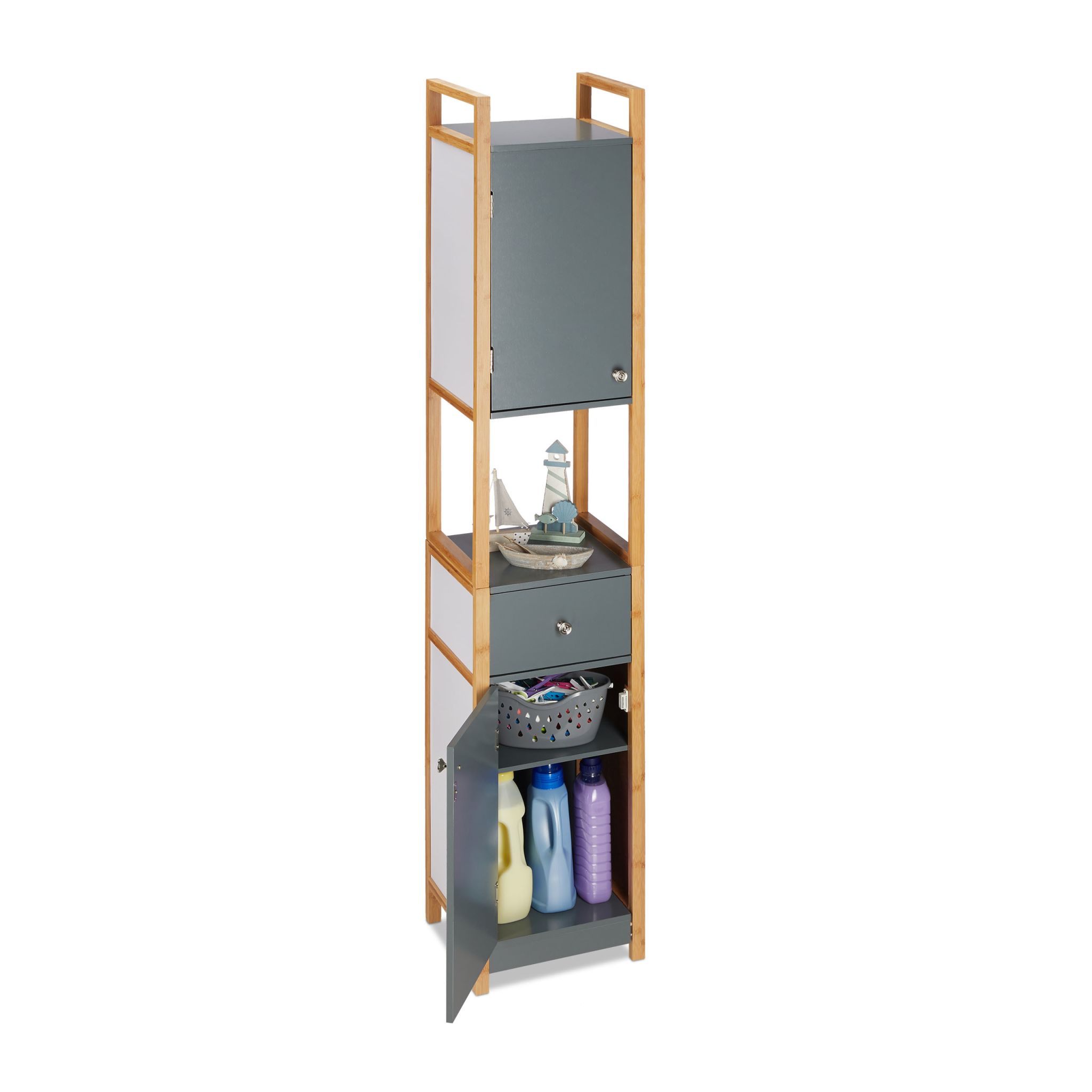 Hochschrank Bad Anthrazit-Weiss-Hellbraun