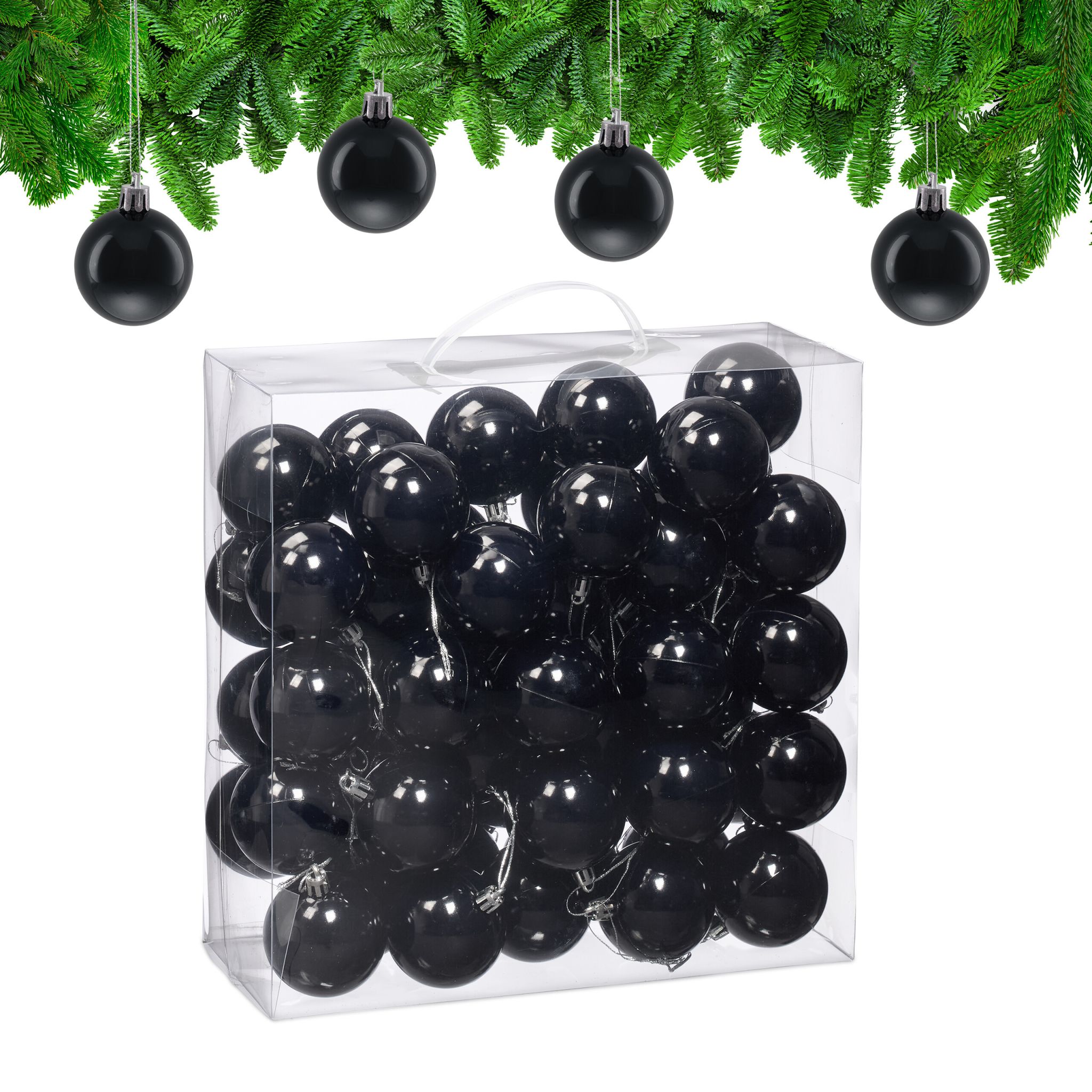 Weihnachtskugeln im 50er-Set Glänzend Schwarz-Silber