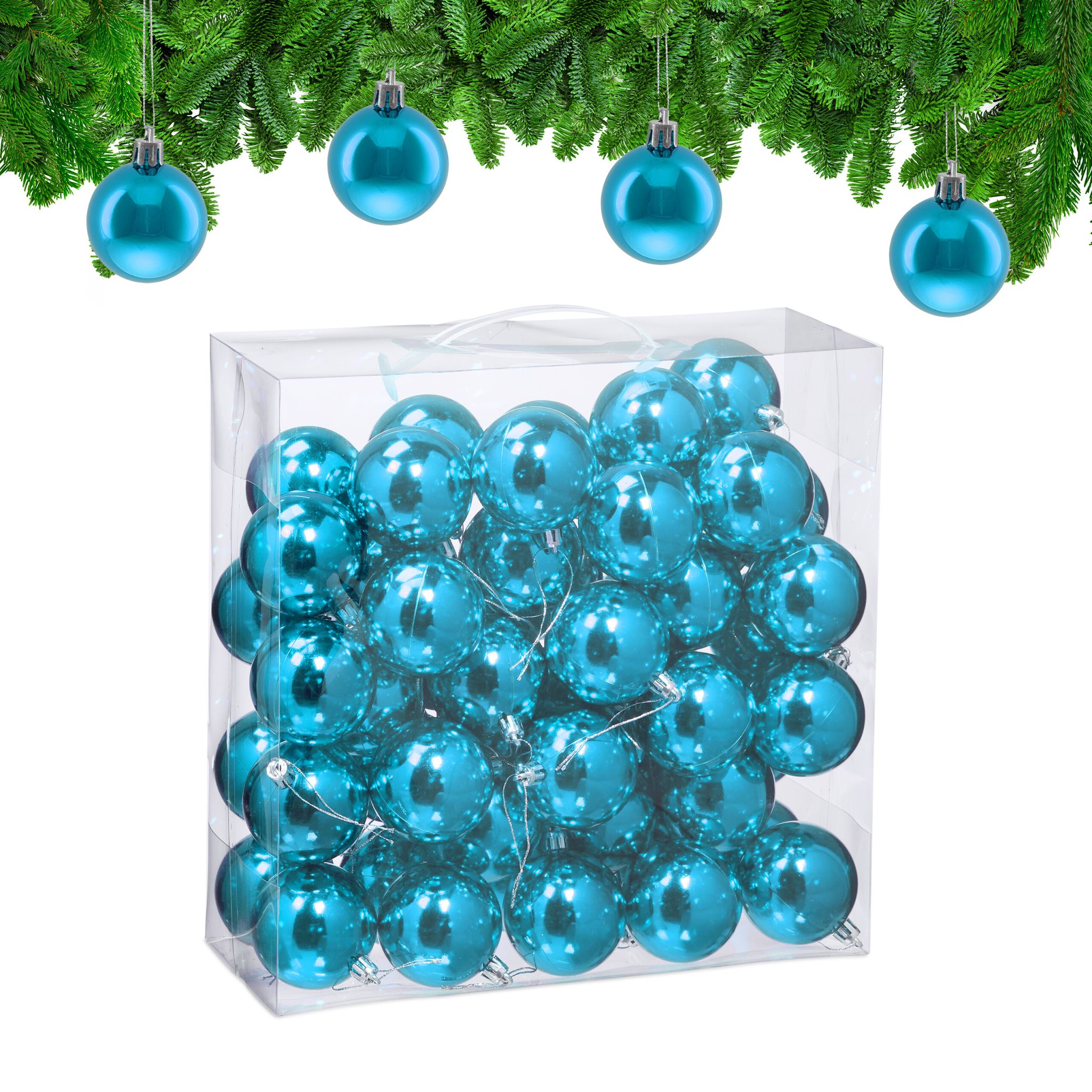 Weihnachtskugeln im 50er-Set Glänzend Türkis-Silber
