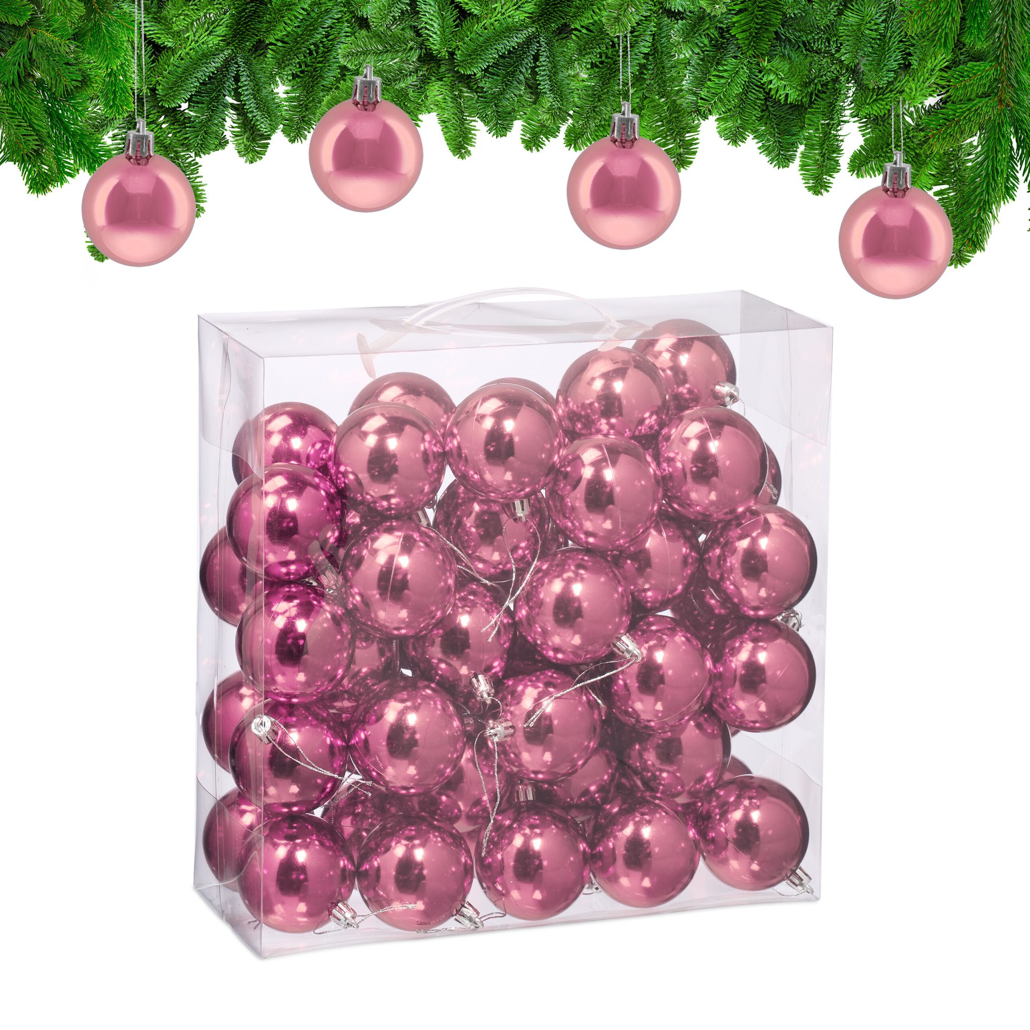 Weihnachtskugeln im 50er-Set Glänzend Rosa-Silber