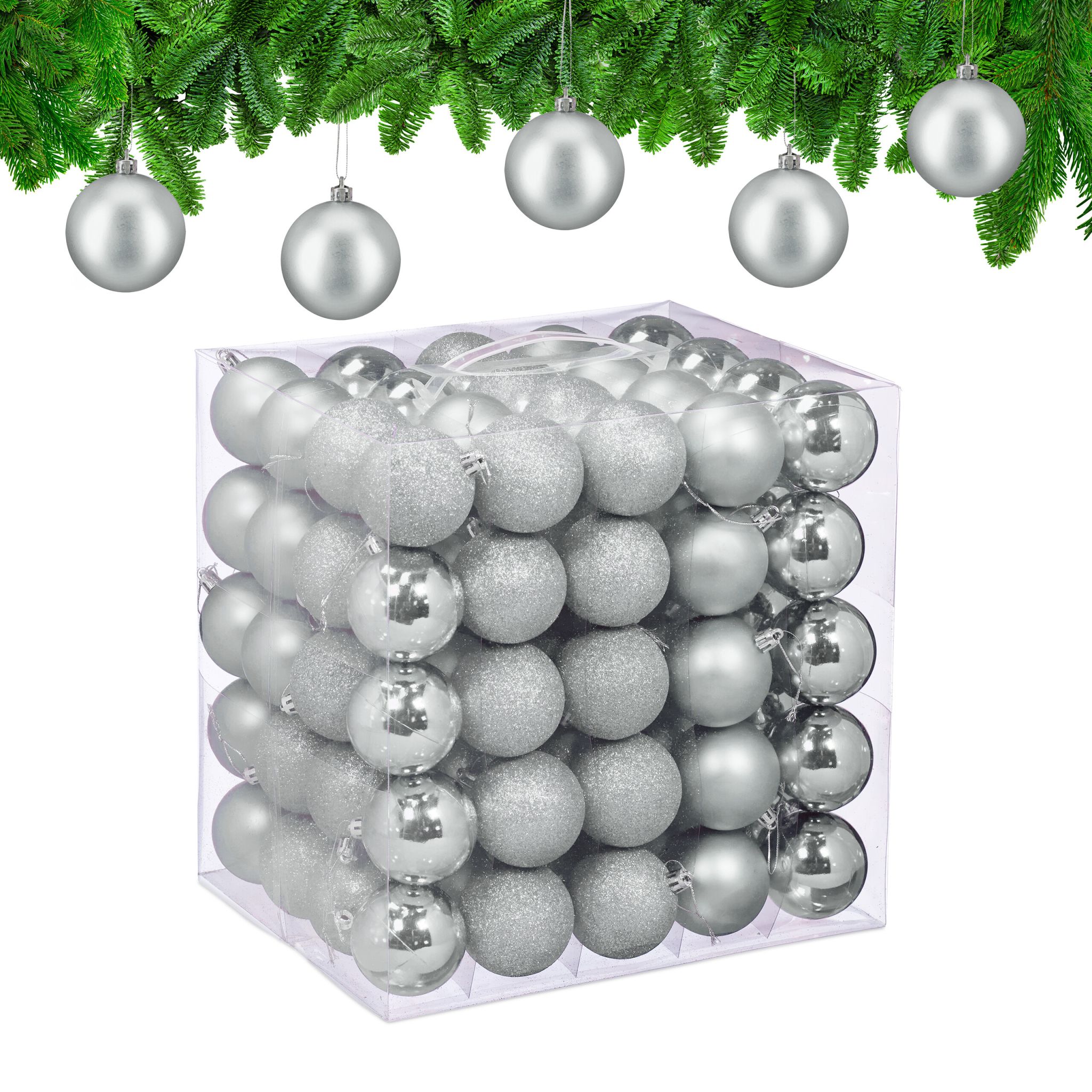 Weihnachtskugeln im 100er-Set Matt-Glänzend-Glitzer Silber