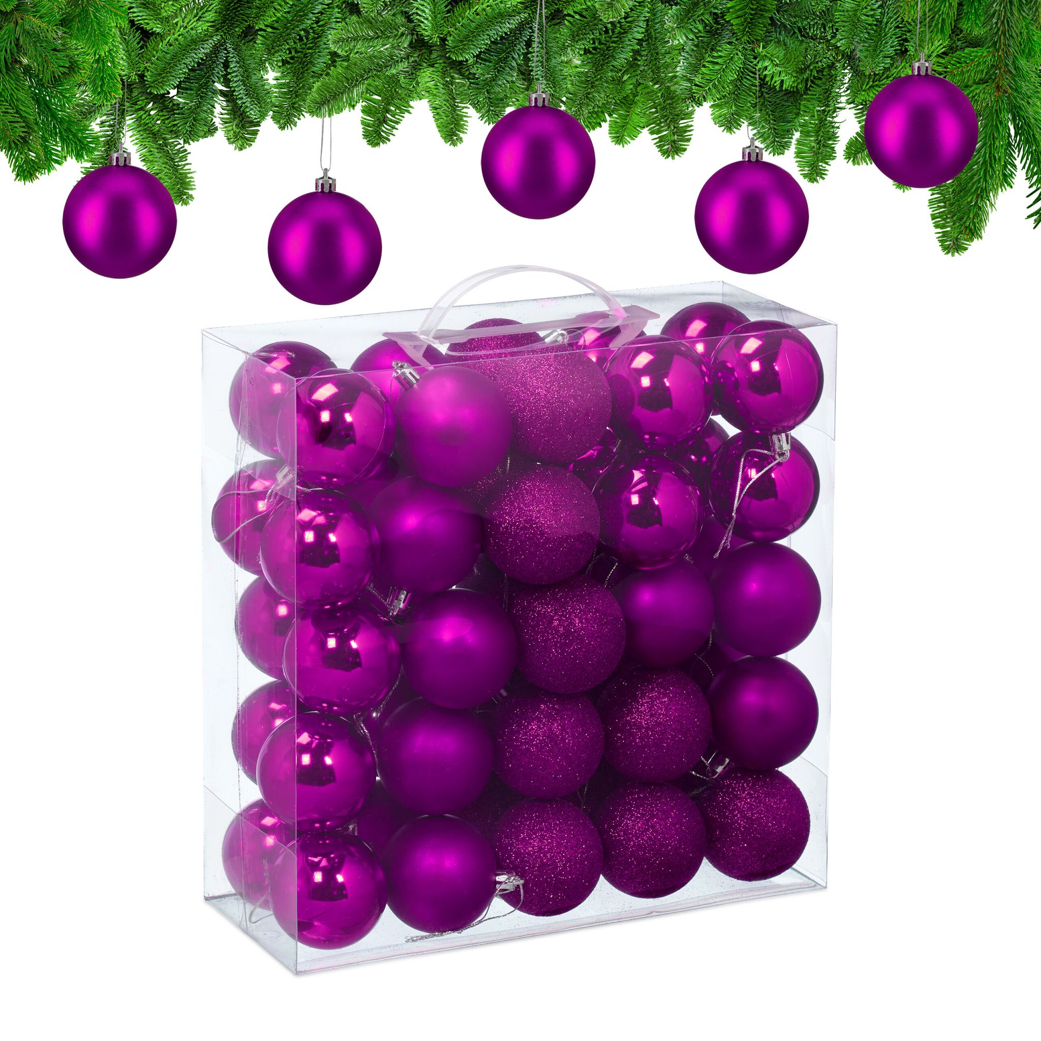 Weihnachtskugeln im 50er-Set Matt-Glänzend-Glitzer Pink-Silber