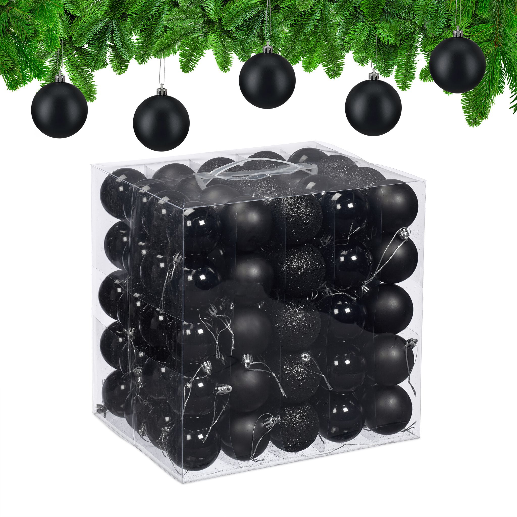 Weihnachtskugeln 100er-Set Matt-Glänzend-Glitzer Schwarz-Silber