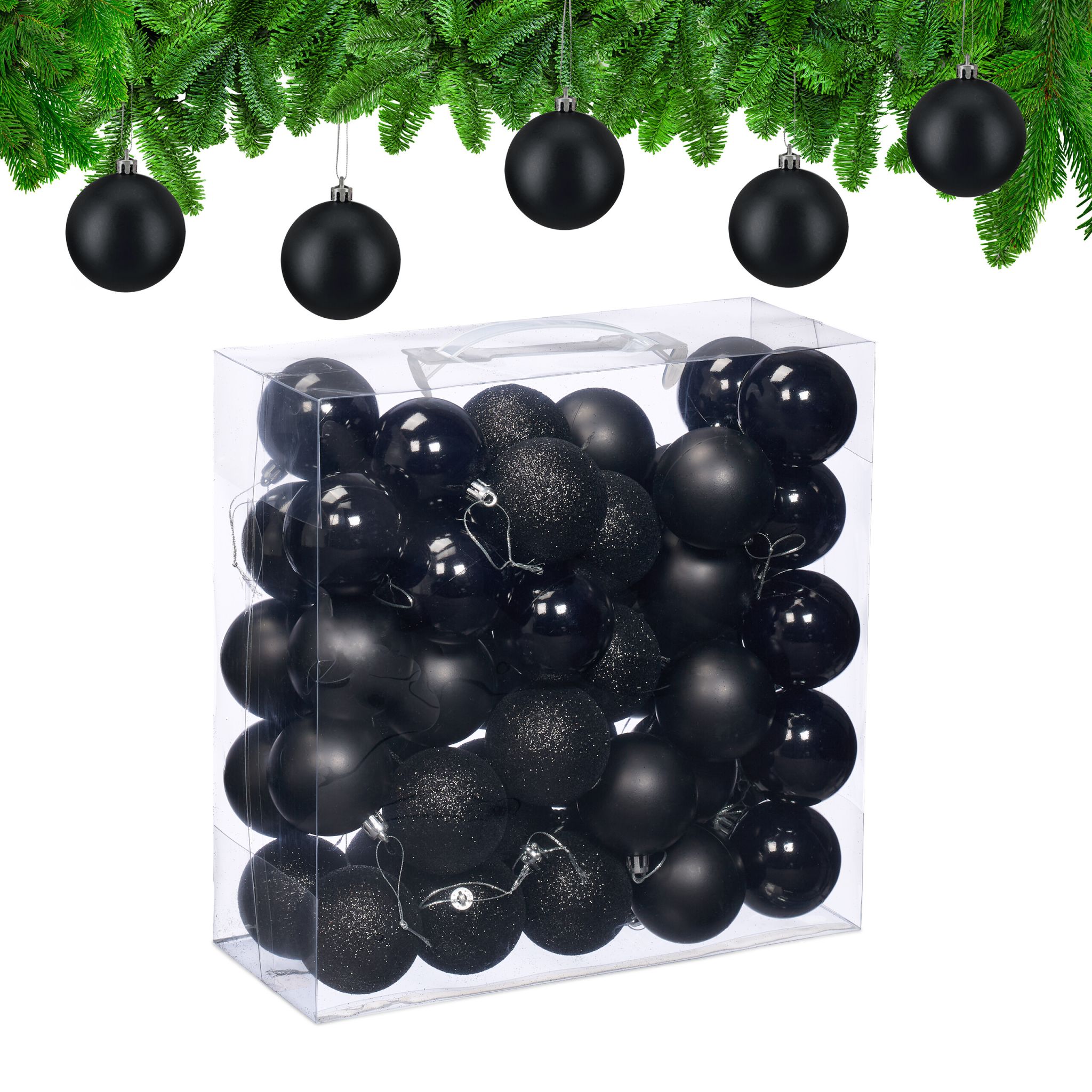Weihnachtskugeln im 50er-Set Matt-Glänzend-Glitzer Schwarz-Silber