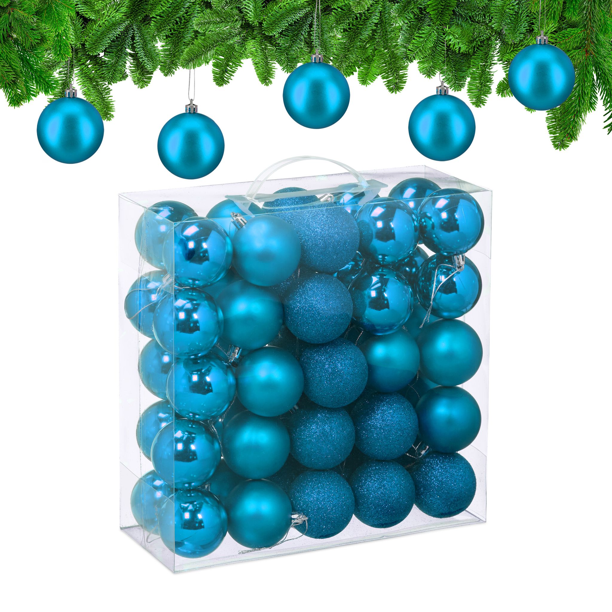 Weihnachtskugeln im 50er-Set Matt-Glänzend-Glitzer Türkis-Silber