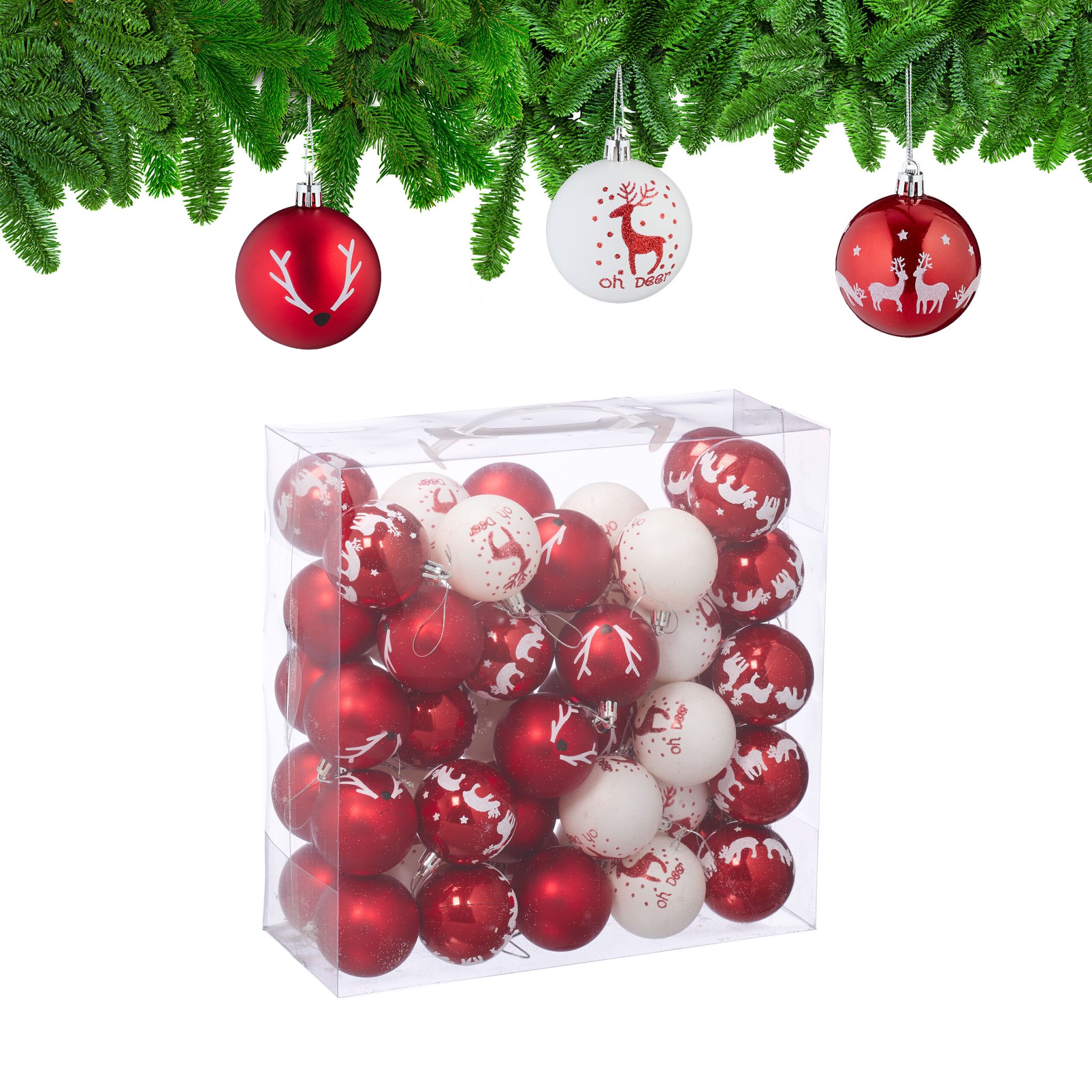 Weihnachtskugeln Rentier 50er-Set Rot-Weiss-Silber