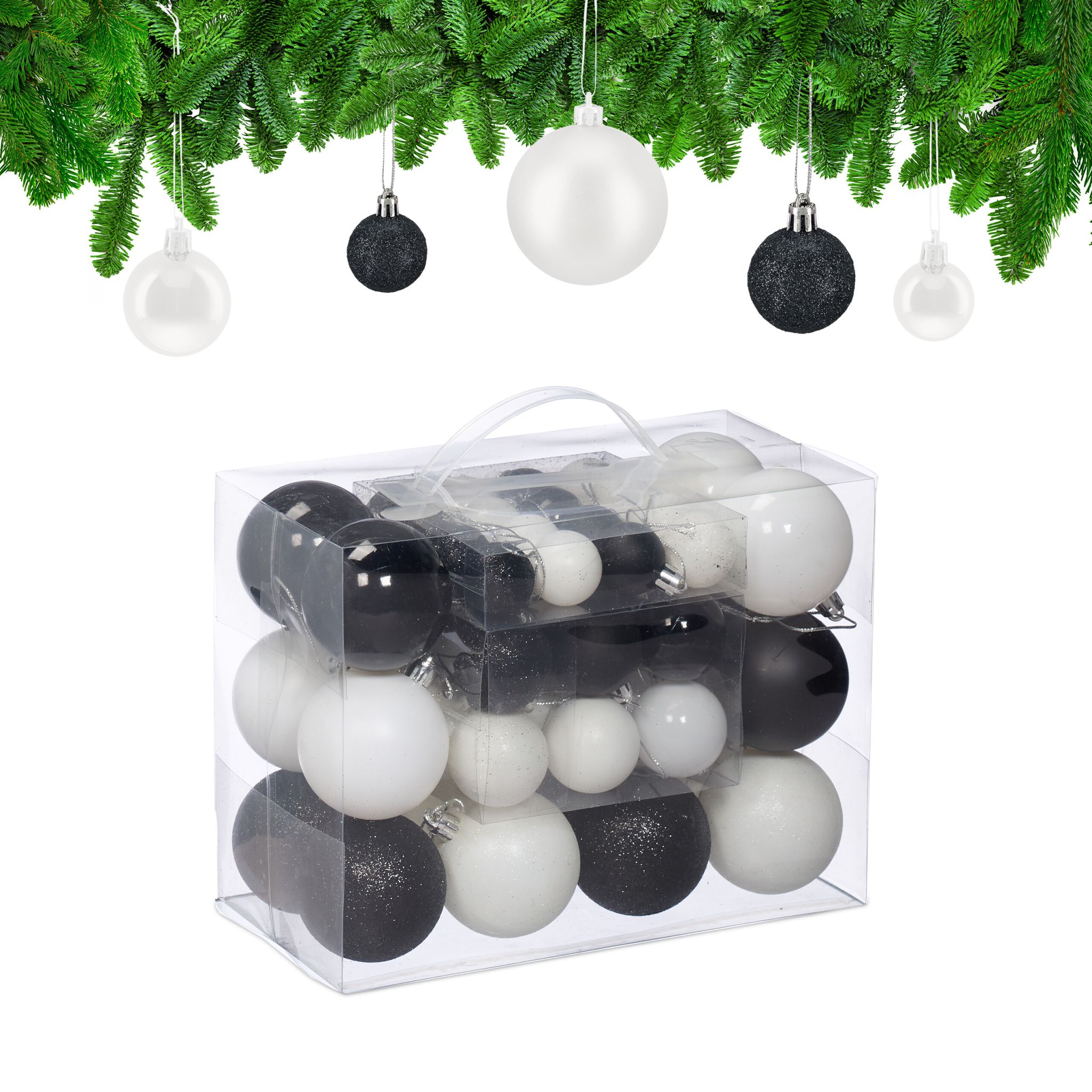 Weihnachtskugeln im Set 50er Pack Schwarz-Weiss-Silber