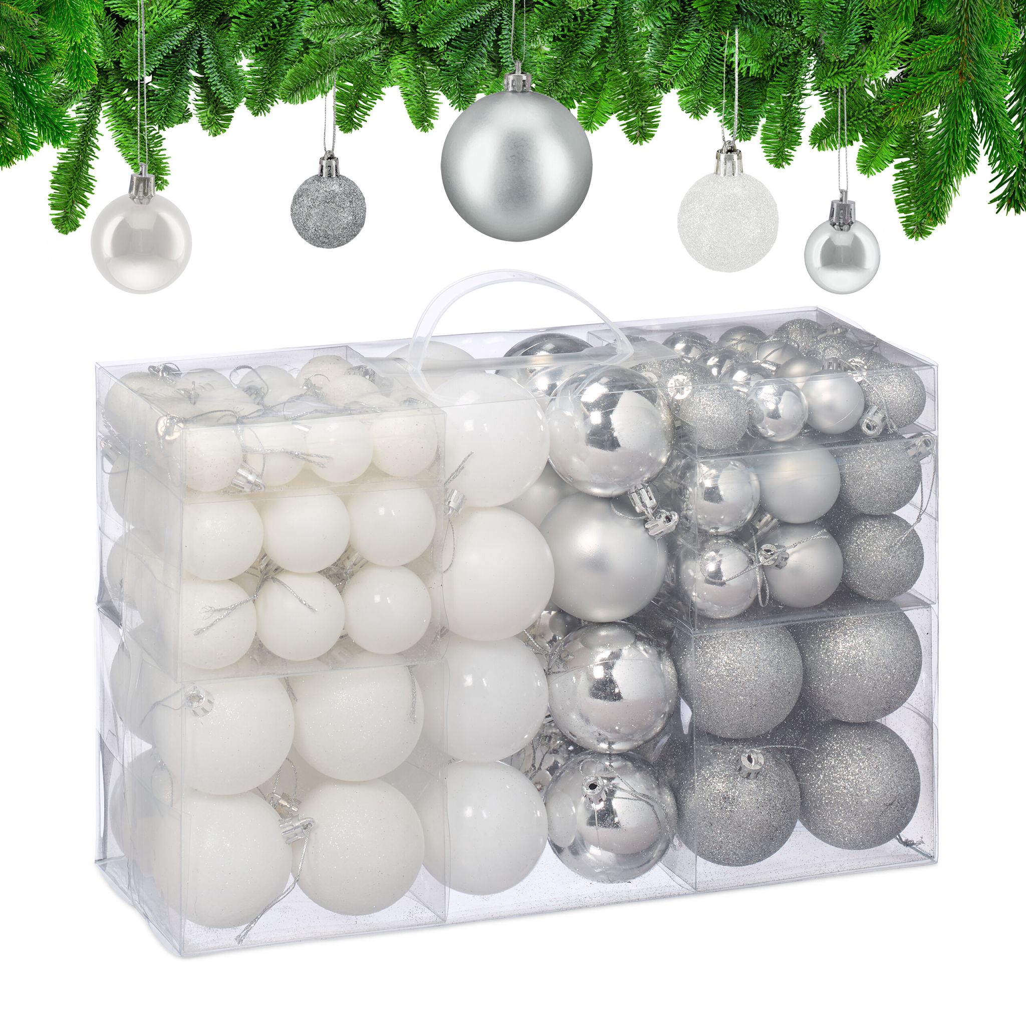 Weihnachtskugeln im Set 100er Pack Silber-Weiss