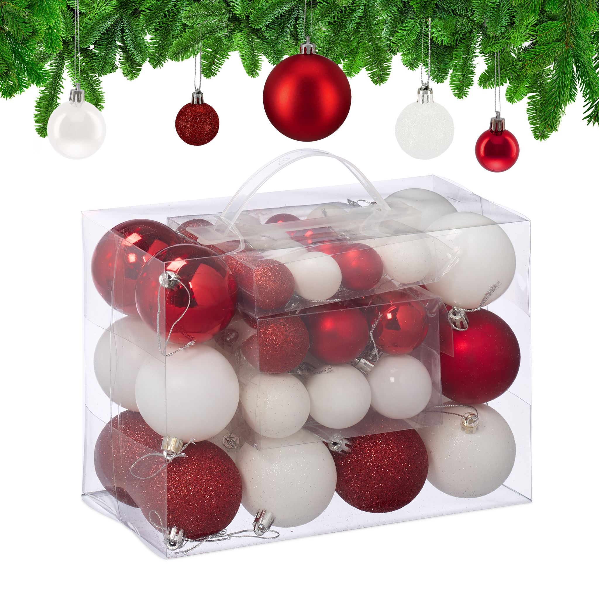 Weihnachtskugeln im Set 50er Pack Rot-Weiss-Silber