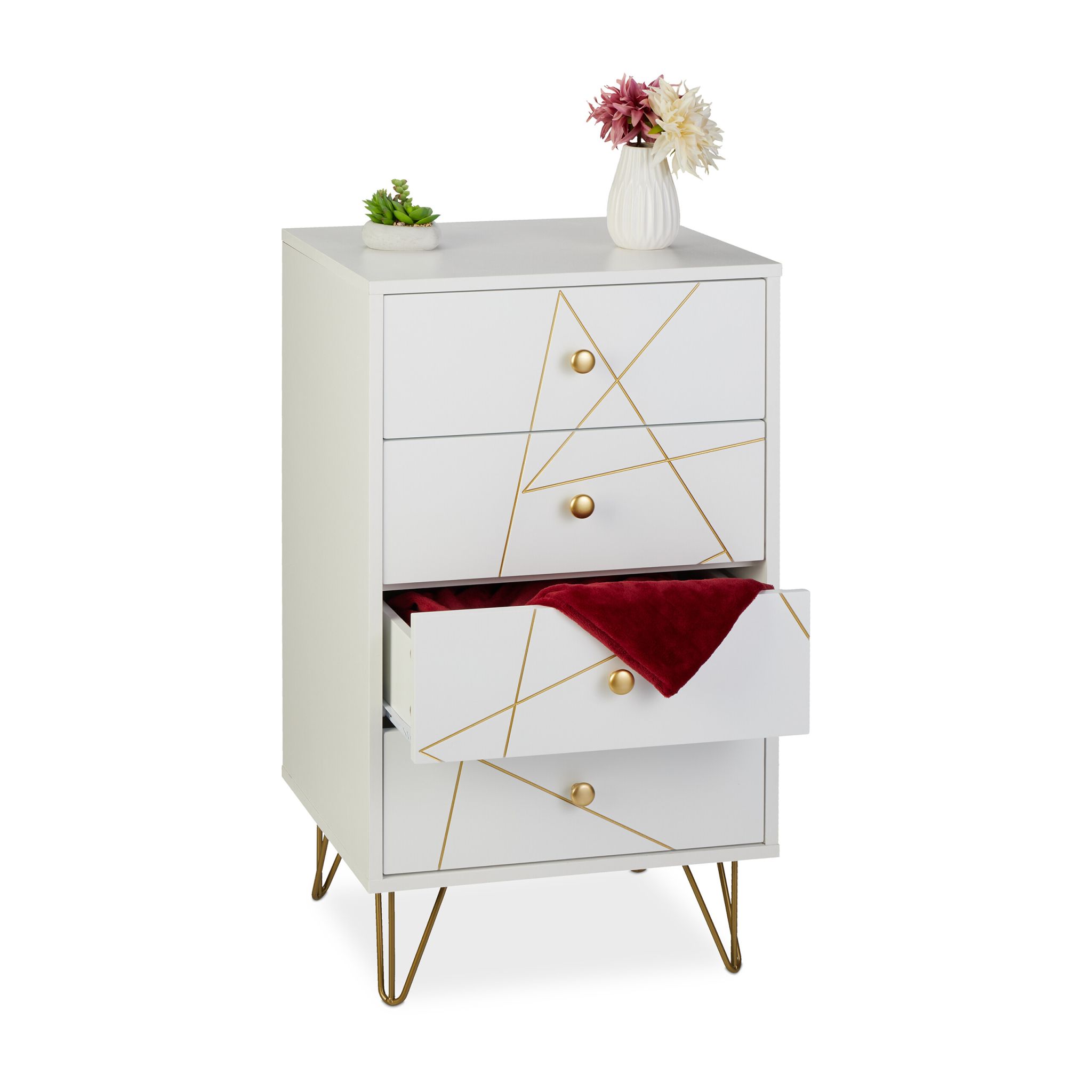 Kommode mit 4 Schubladen Weiss-Gold