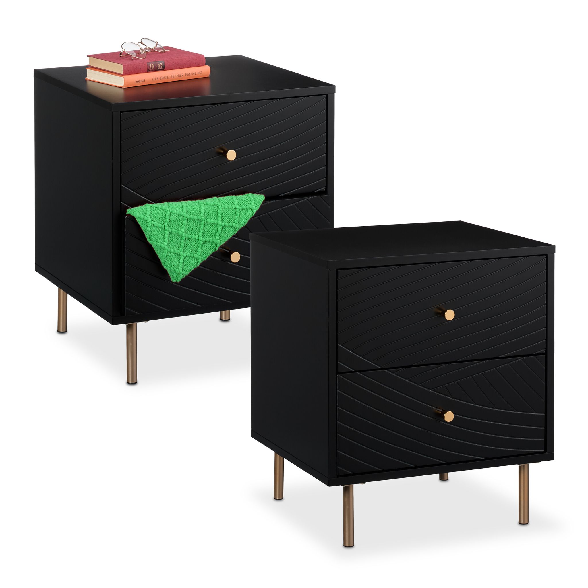 Nachttisch mit 2 Schubladen Gold-Schwarz