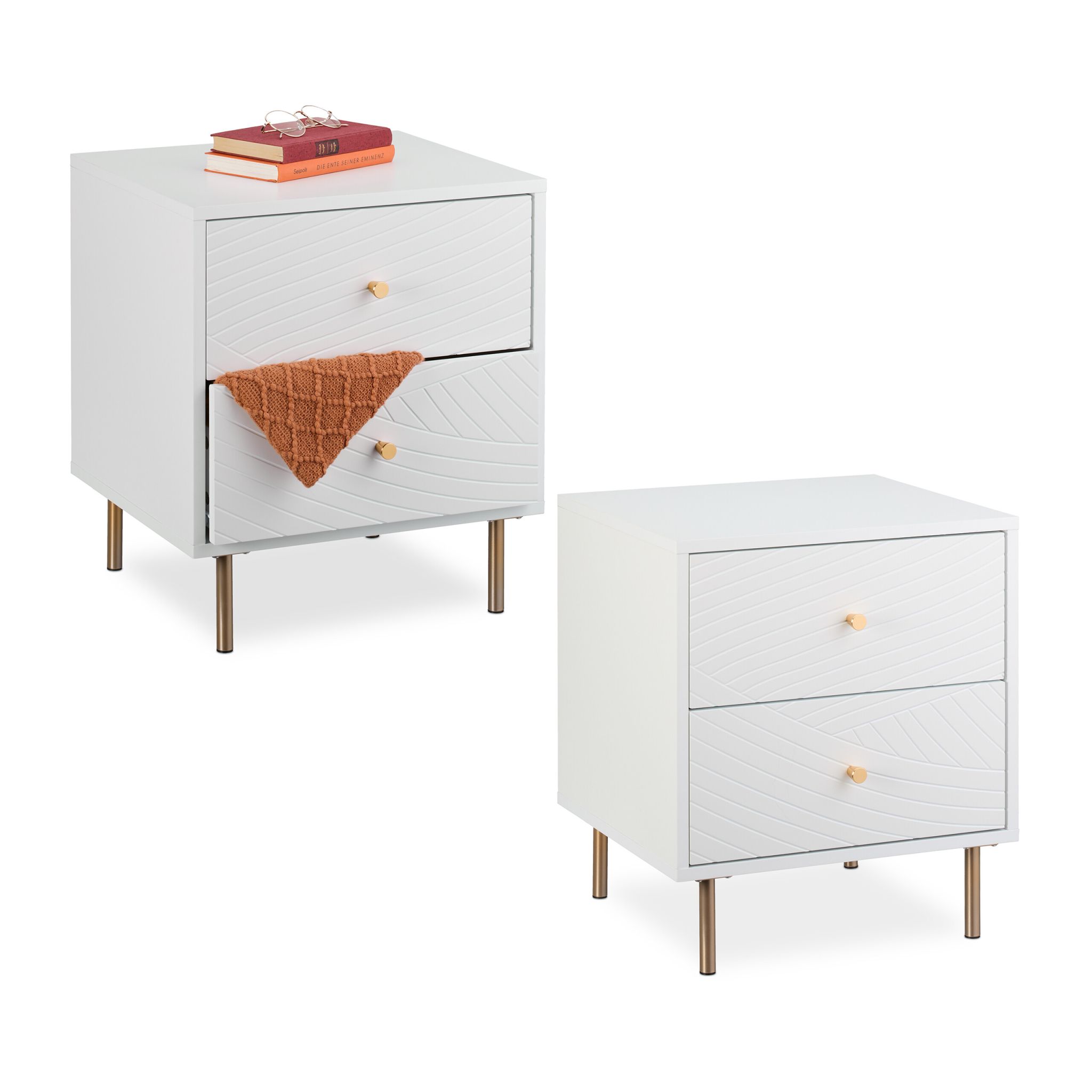 Nachttisch mit 2 Schubladen Weiss-Gold